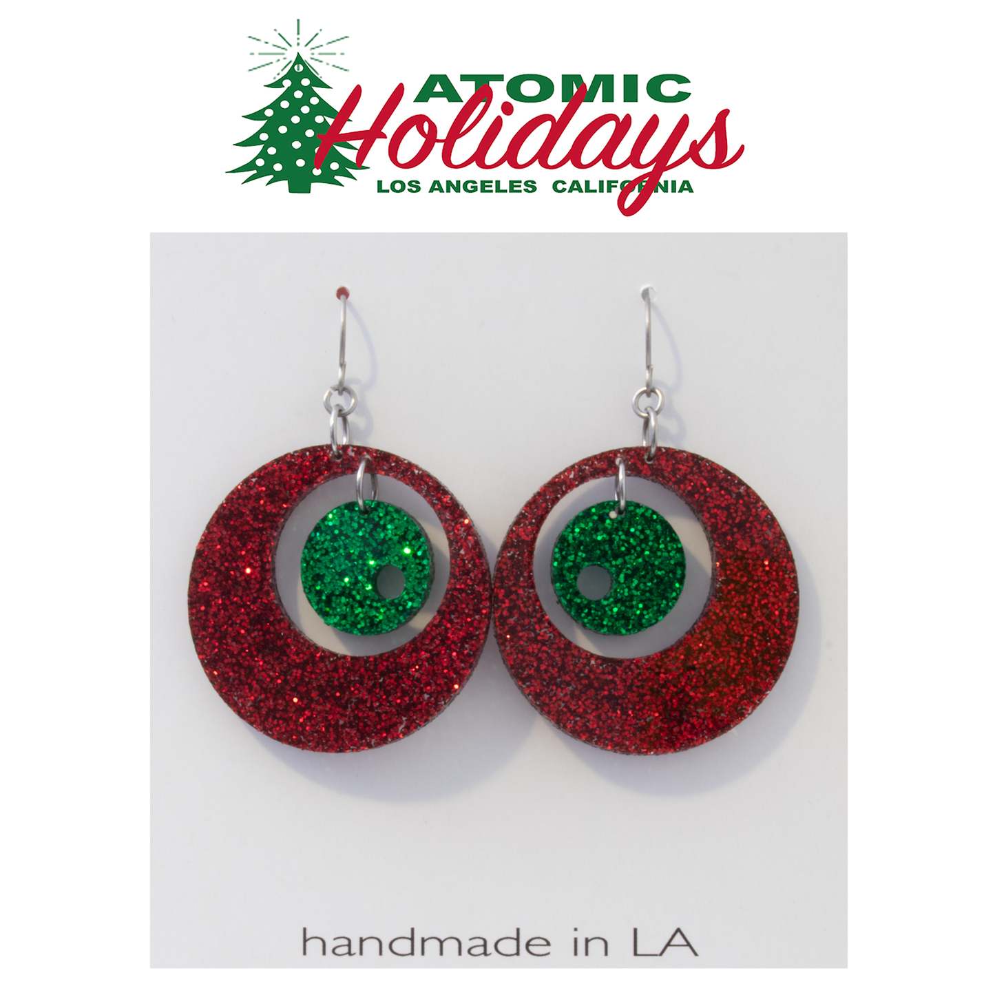 Atomic Holidays Statement Christmas Earrings in Glitter Red and Green - mid century modern groovy style by AtomicMobiles.com 