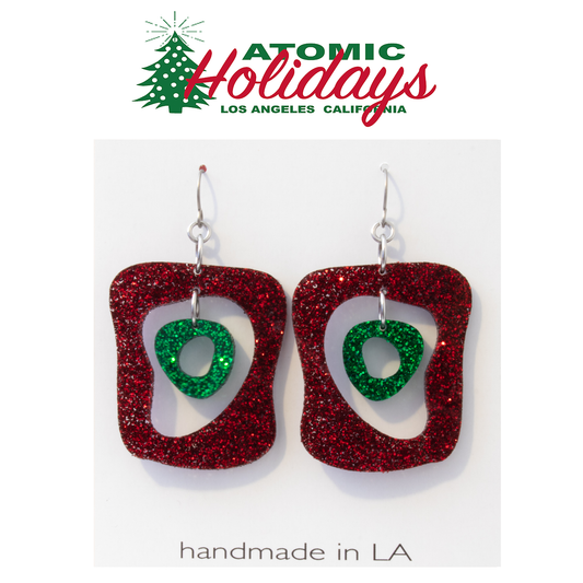 Atomic Holidays Mid Mod Statement Earrings in glitter red and green made in Los Angeles by AtomicMobiles.com