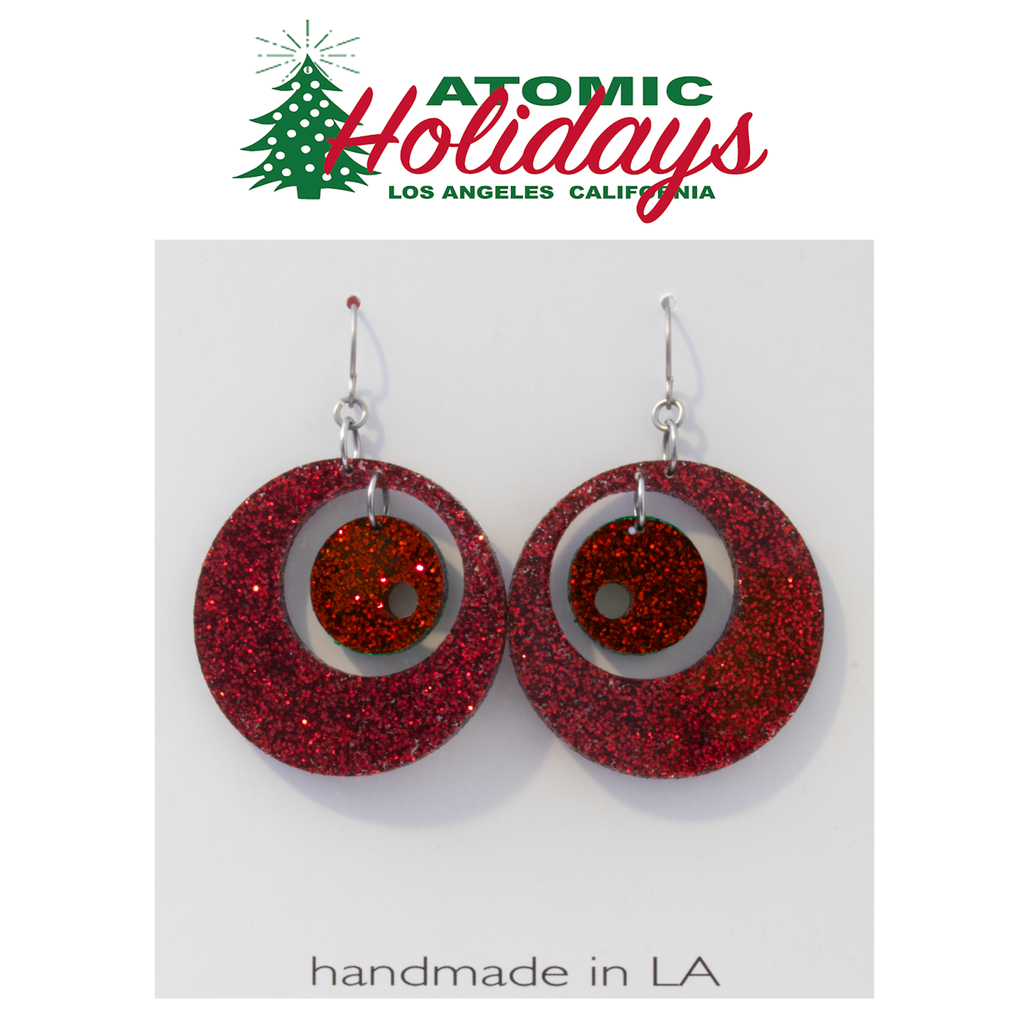 Atomic Holidays Statement Christmas Earrings in Glitter Red - mid century modern groovy style by AtomicMobiles.com 