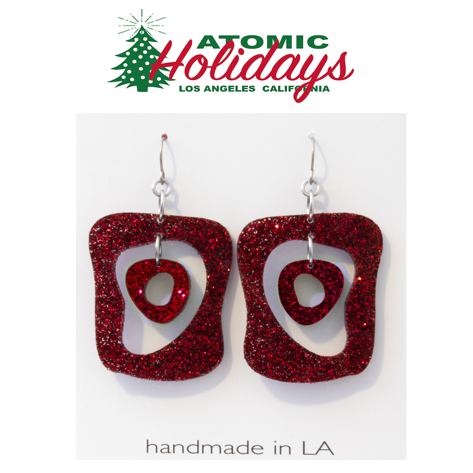 Atomic Holidays Mid Mod Statement Earrings in glitter red made in Los Angeles by AtomicMobiles.com