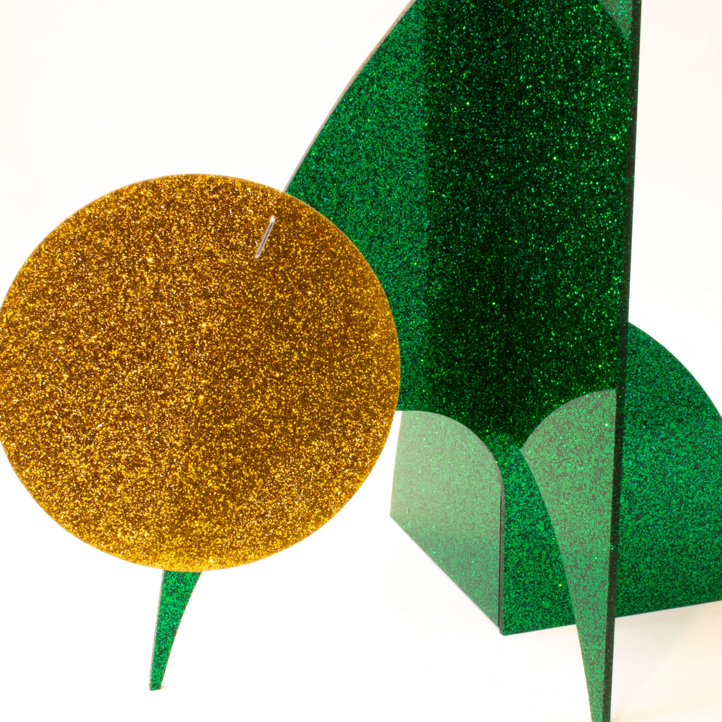 Closeup of Glitter Green and Gold Glitter Christmas Modern Art Stabile Sculpture by AtomicMobiles.com