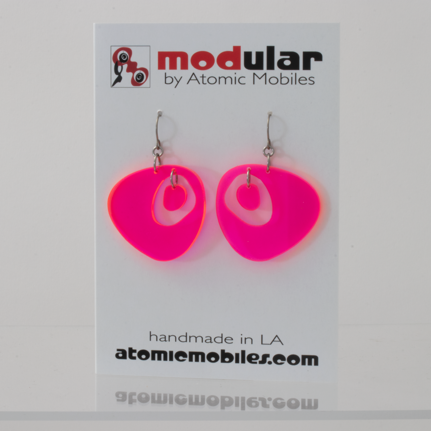 Googie 1970s Mid Century Modern Style Earrings in Neon Fluorescent Hot Pink plexiglass acrylic by AtomicMobiles.com