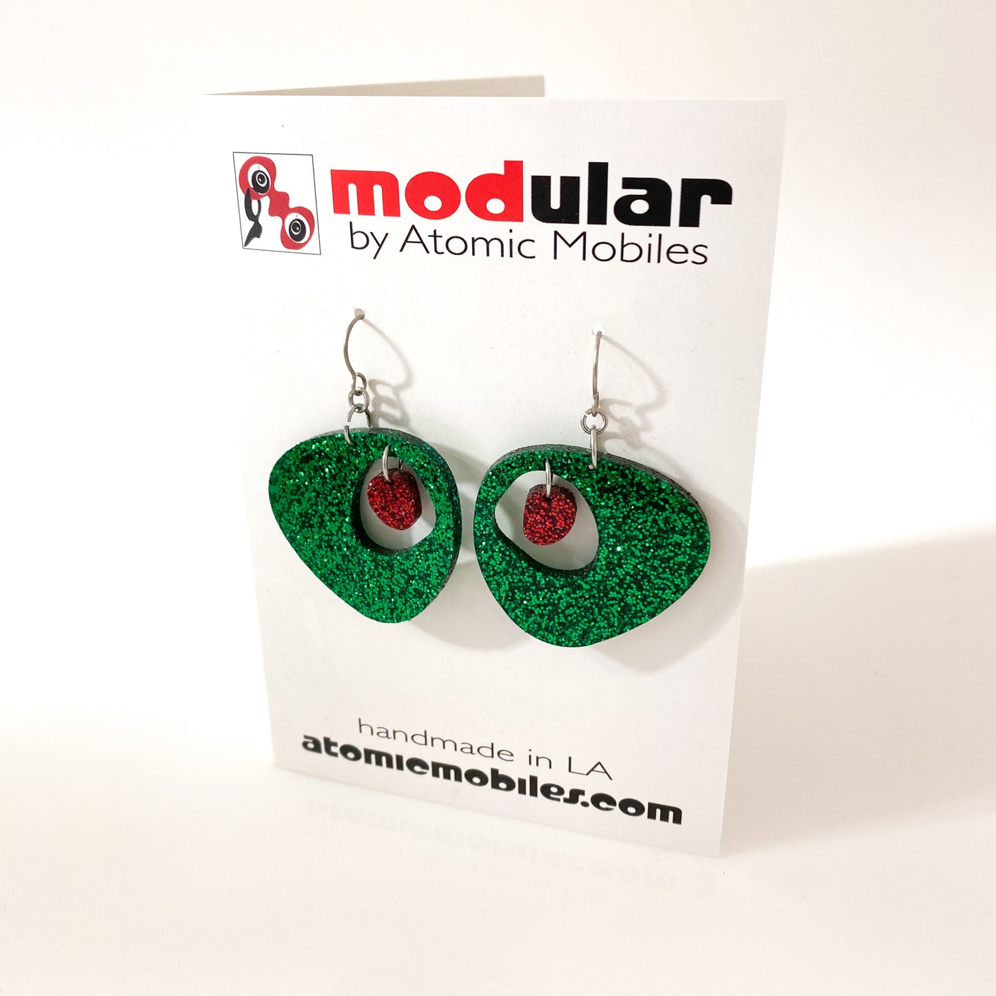 Glitter Green and Red Festive Christmas Earrings in mid century modern Googie style by AtomicMobiles.com