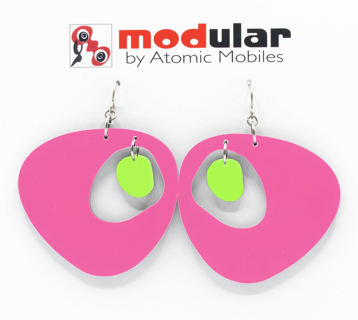 MODular Earrings - Boomerang Statement Earrings in Hot Pink and Lime by AtomicMobiles.com - retro era inspired mod handmade jewelry