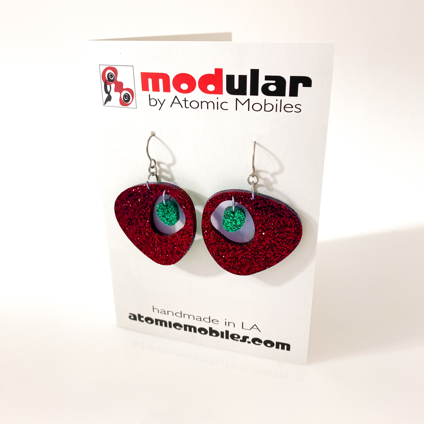 Glitter Red and Green Festive Christmas Earrings in Googie mid century modern style by AtomicMobiles.com