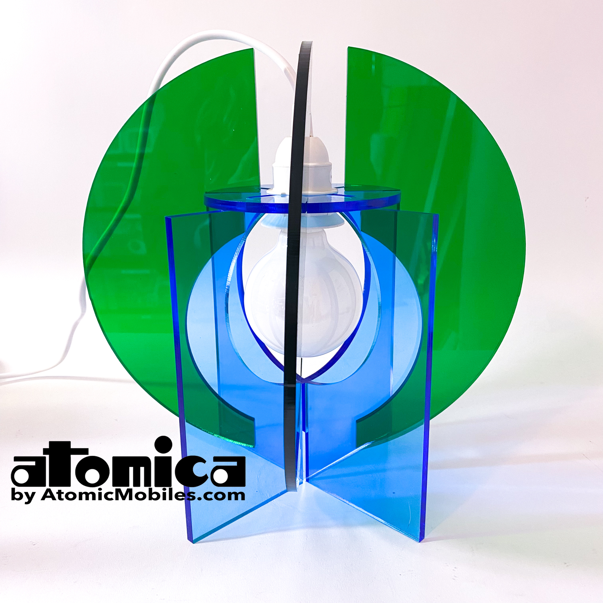 Atomica Space Age Lamp in clear blue and green plexiglass acrylic by AtomicMobiles.com