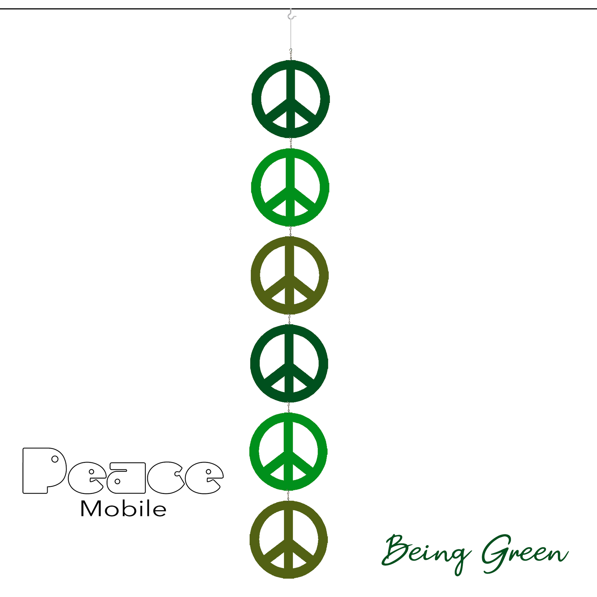 Being Green Peace Mobile - 6 Peace signs in shades of green - kinetic hanging art mobile symbolizes World Peace - by AtomicMobiles.com