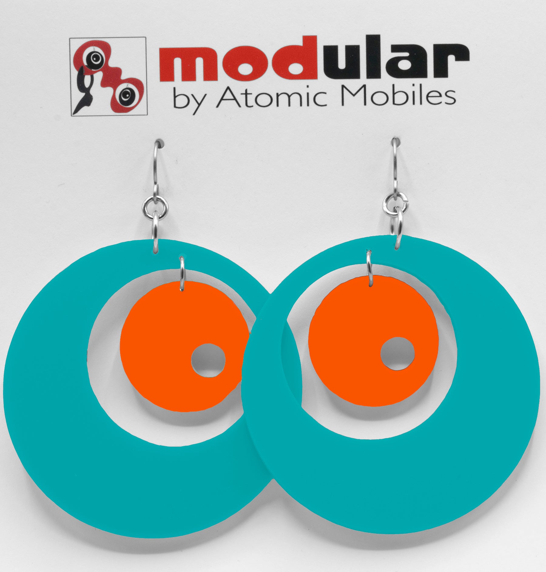 MODular Earrings - Groovy Statement Earrings in Aqua and Orange by AtomicMobiles.com - retro era inspired mod handmade jewelry