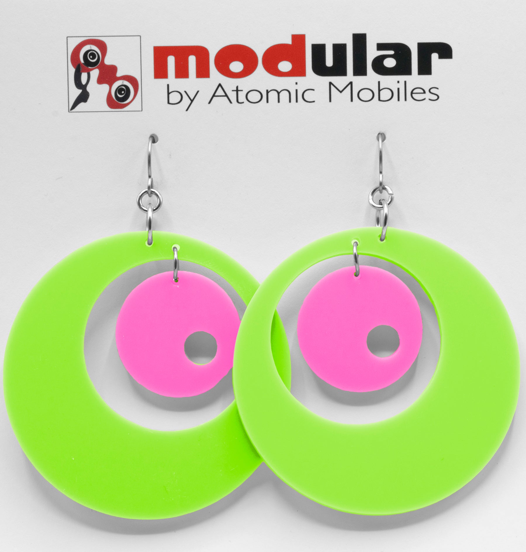 MODular Earrings - Groovy Statement Earrings in Lime and Hot Pink by AtomicMobiles.com - retro era inspired mod handmade jewelry