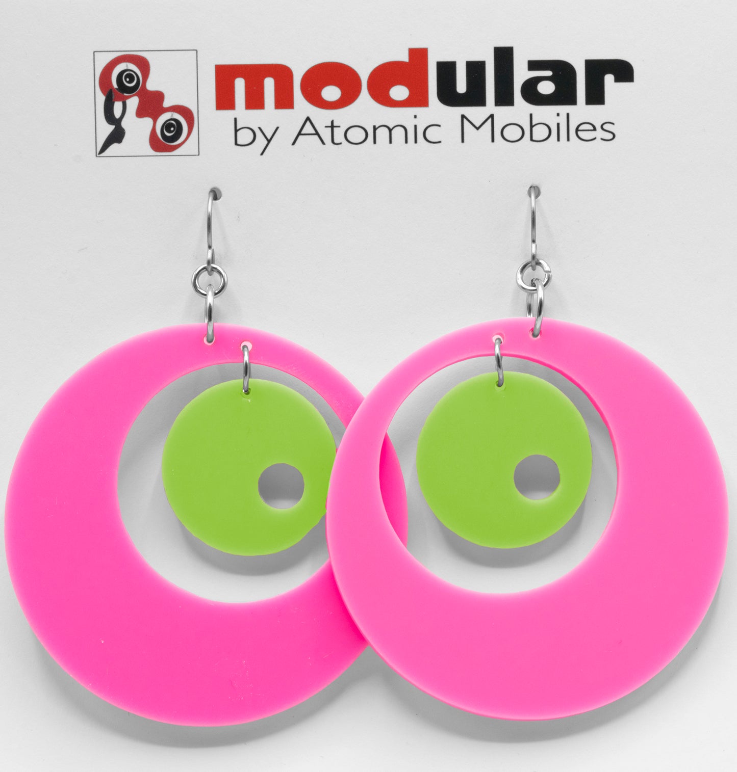 MODular Earrings - Groovy Statement Earrings in Hot Pink and Lime by AtomicMobiles.com - retro era inspired mod handmade jewelry
