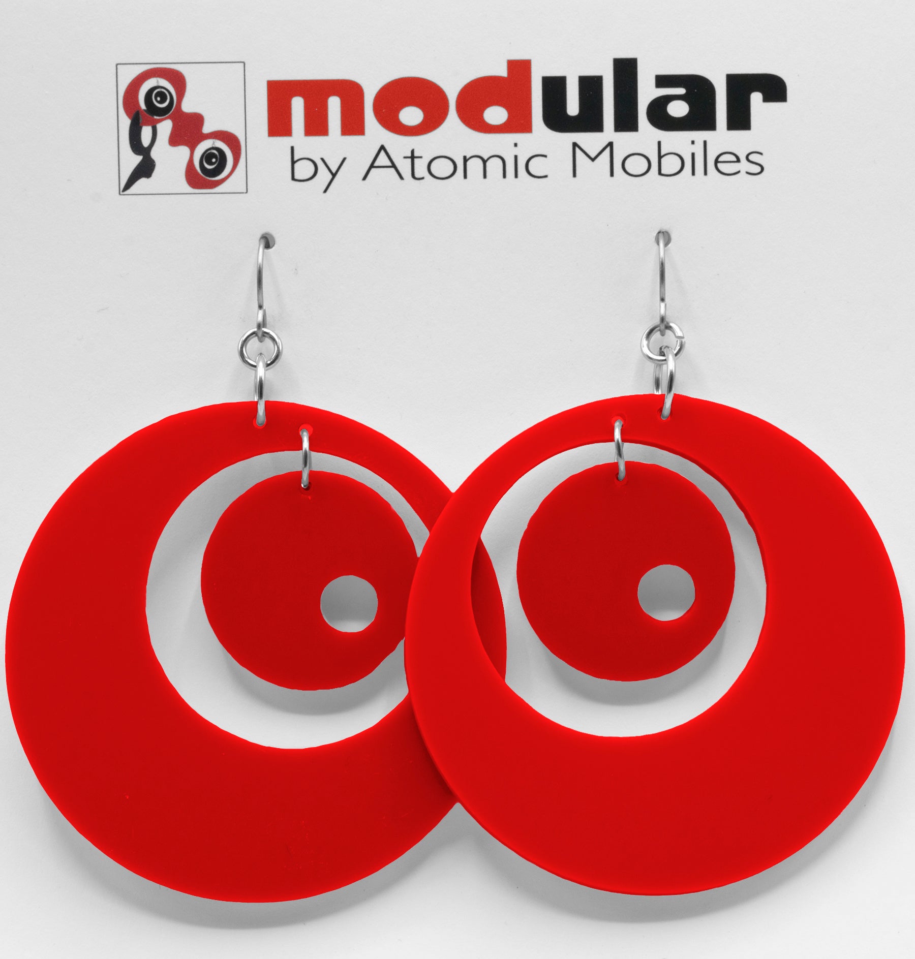 Groovy Statement Earrings in Red - space age midcentury retro inspired dangle earrings - handmade jewelry by AtomicMobiles.com