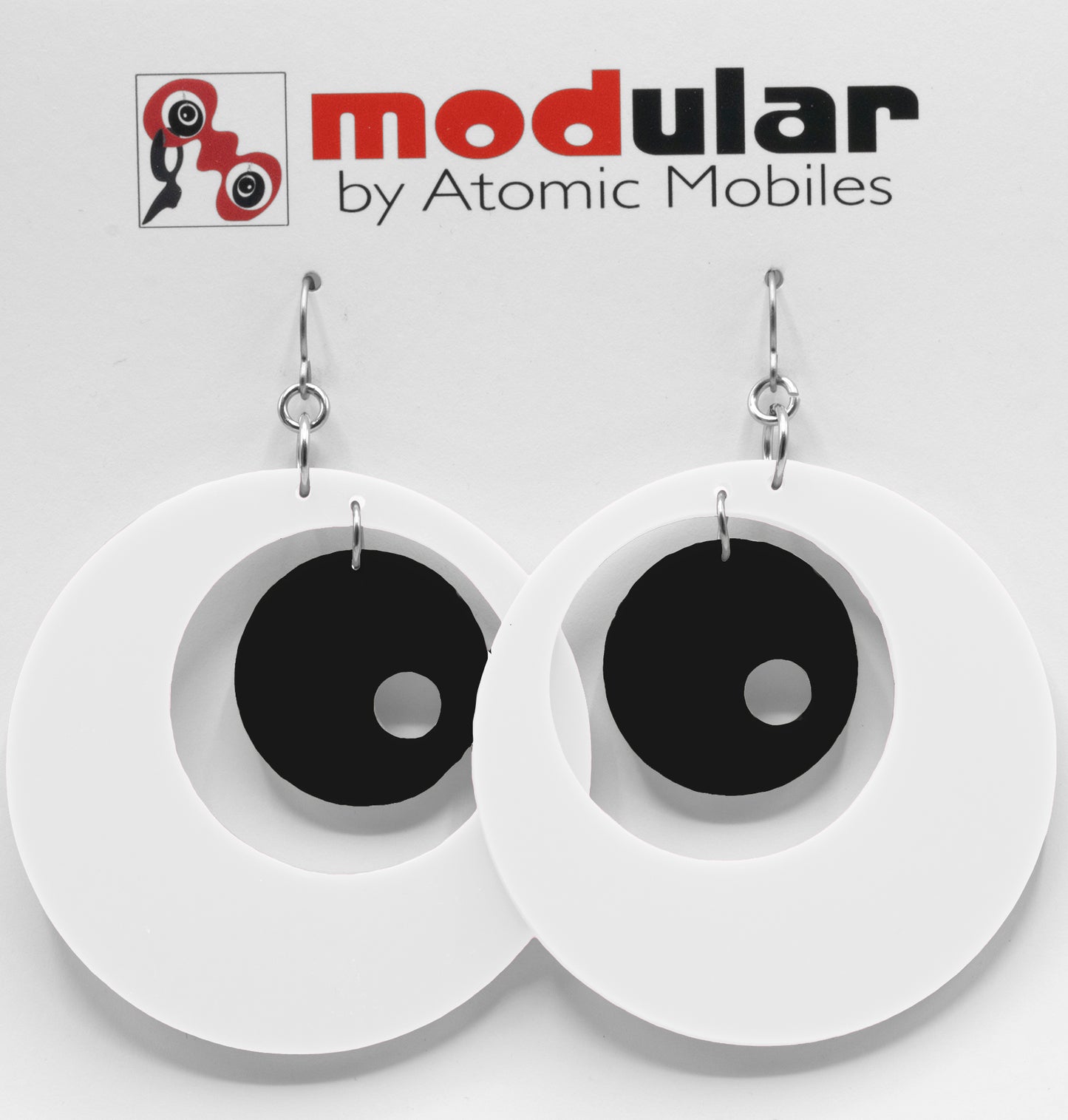 MODular Earrings - Groovy Statement Earrings in White and Black by AtomicMobiles.com - retro era inspired mod handmade jewelry