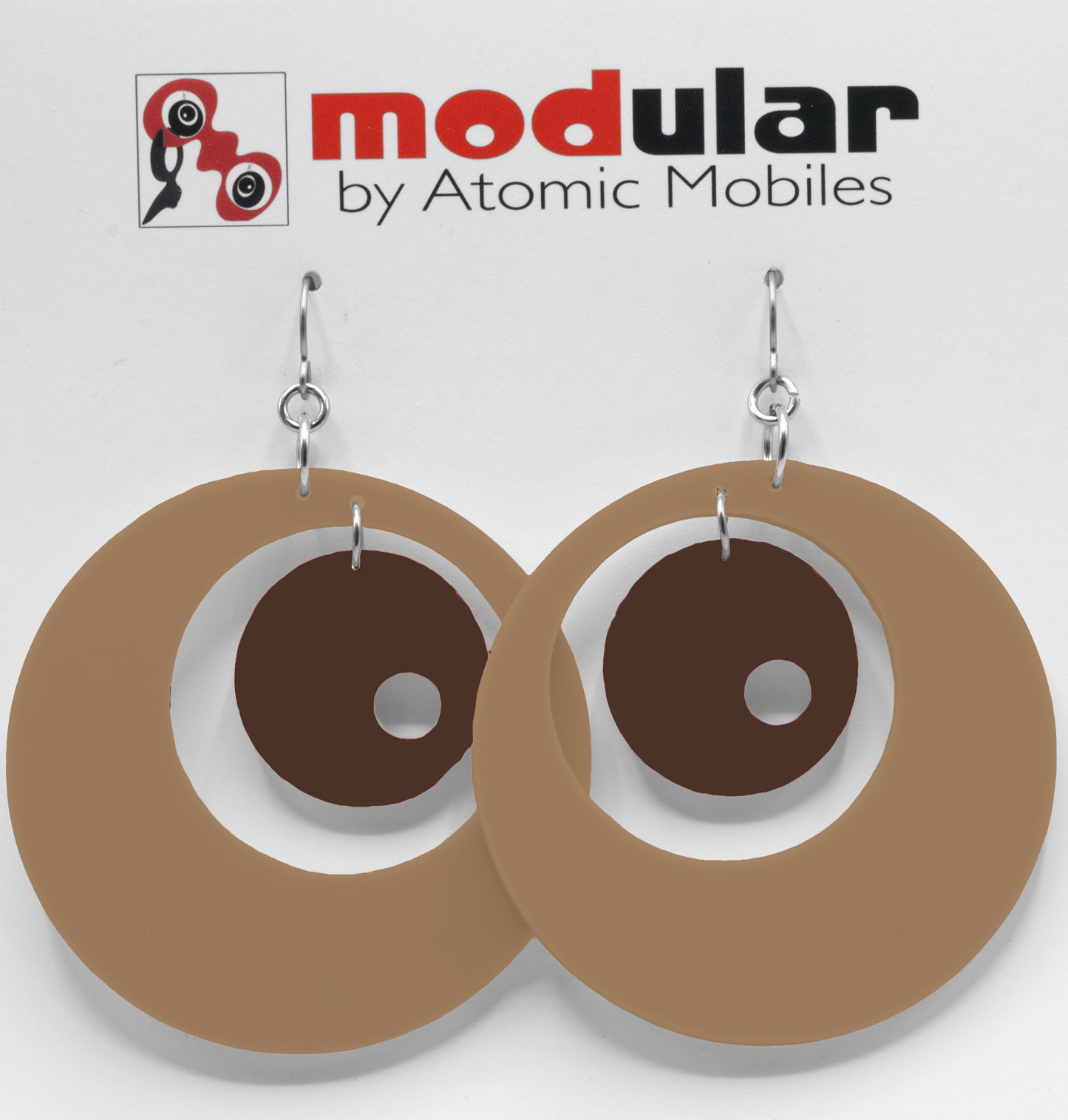 MODular Earrings - Groovy Statement Earrings in Beige Tan and Brown by AtomicMobiles.com - retro era inspired mod handmade jewelry
