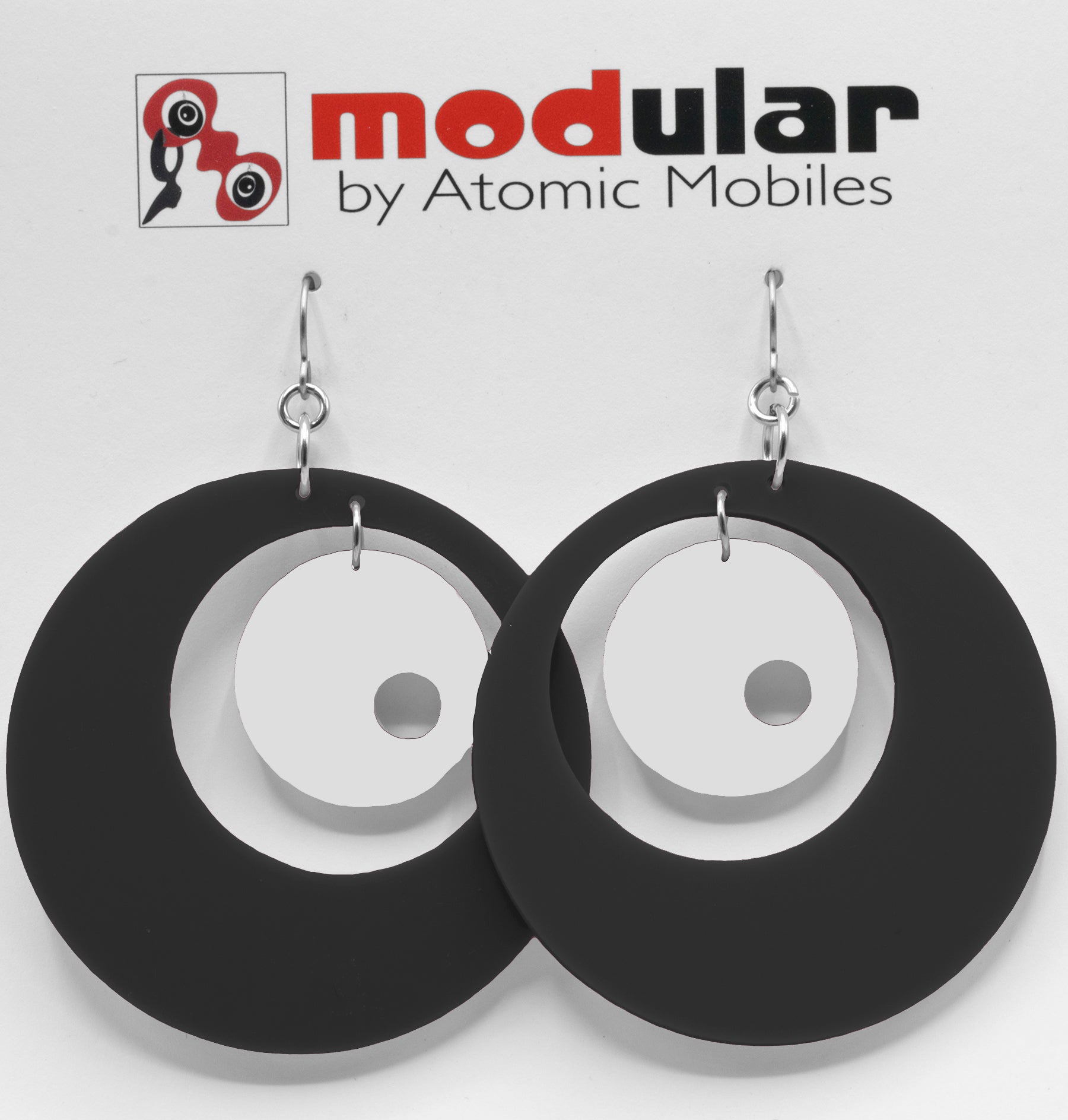 MODular Earrings - Groovy Statement Earrings in Black and White by AtomicMobiles.com - retro era inspired mod handmade jewelry