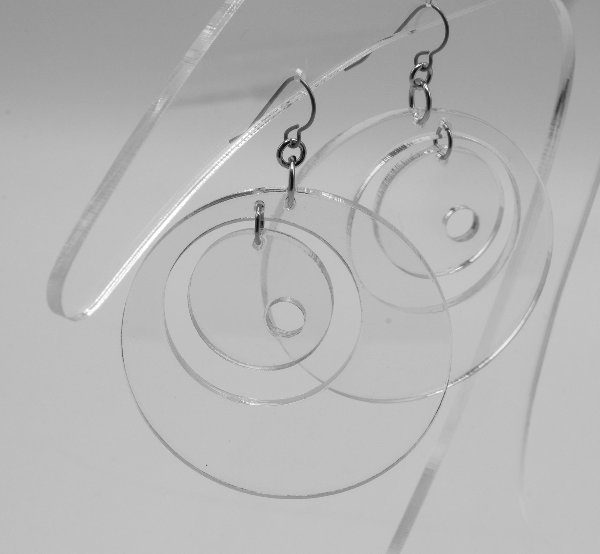 MODular Earrings - Groovy Statement Earrings in Clear Acrylic by AtomicMobiles.com - retro era inspired mod handmade jewelry