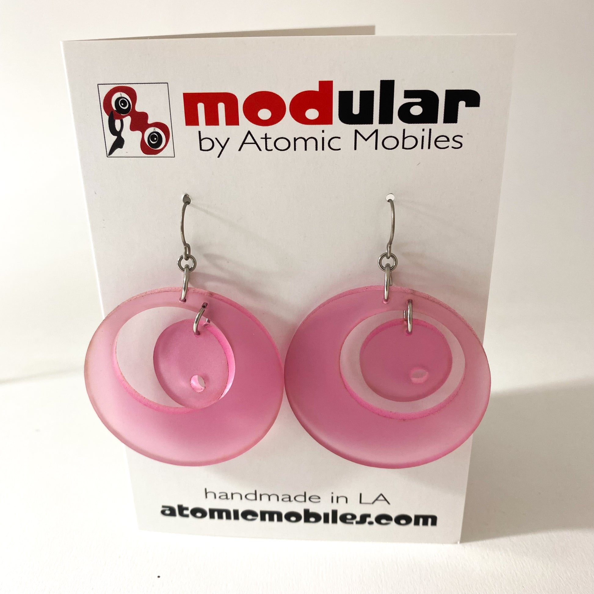 Frosted Pink Groovy retro mid century modern statement fashion earrings by AtomicMobiles.com