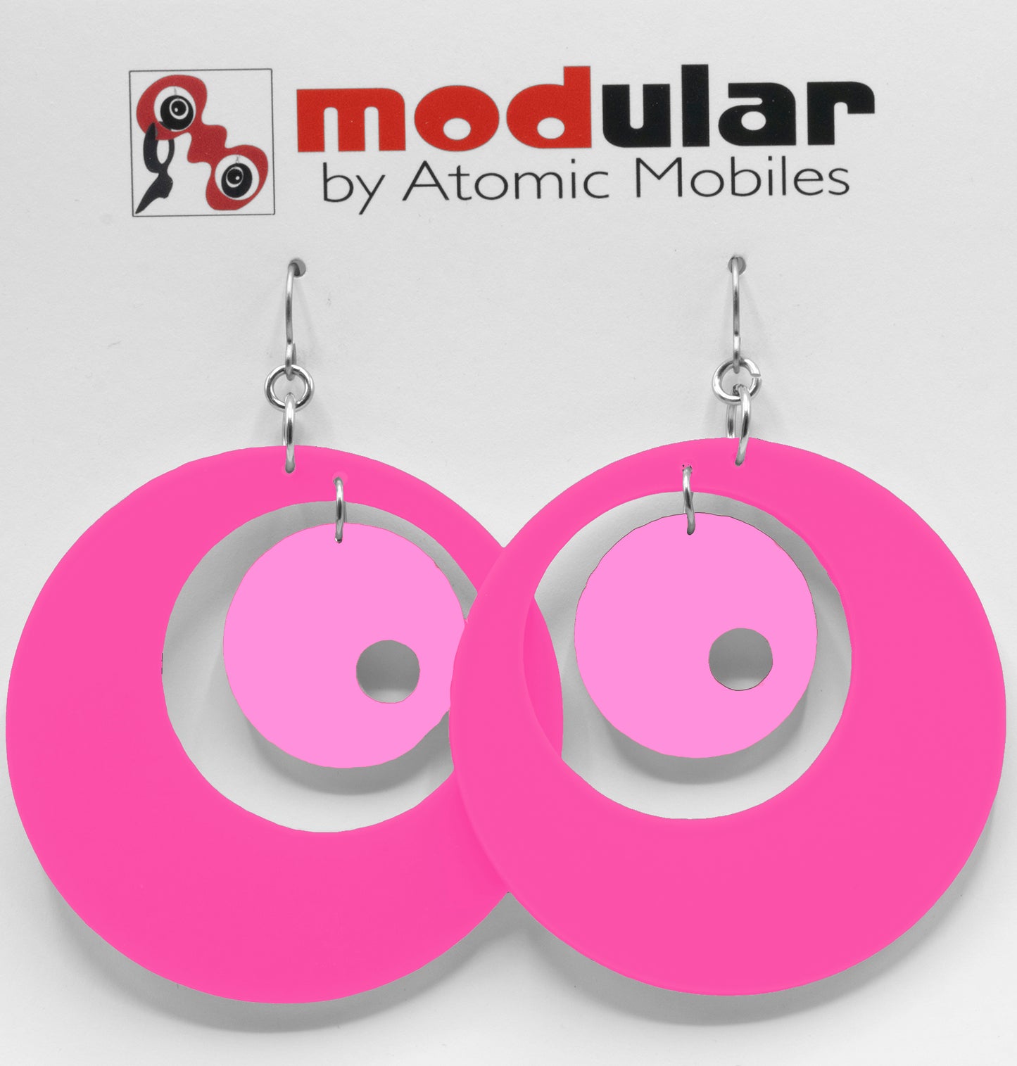 MODular Earrings - Groovy Statement Earrings in Hot Pink by AtomicMobiles.com - retro era inspired mod handmade jewelry