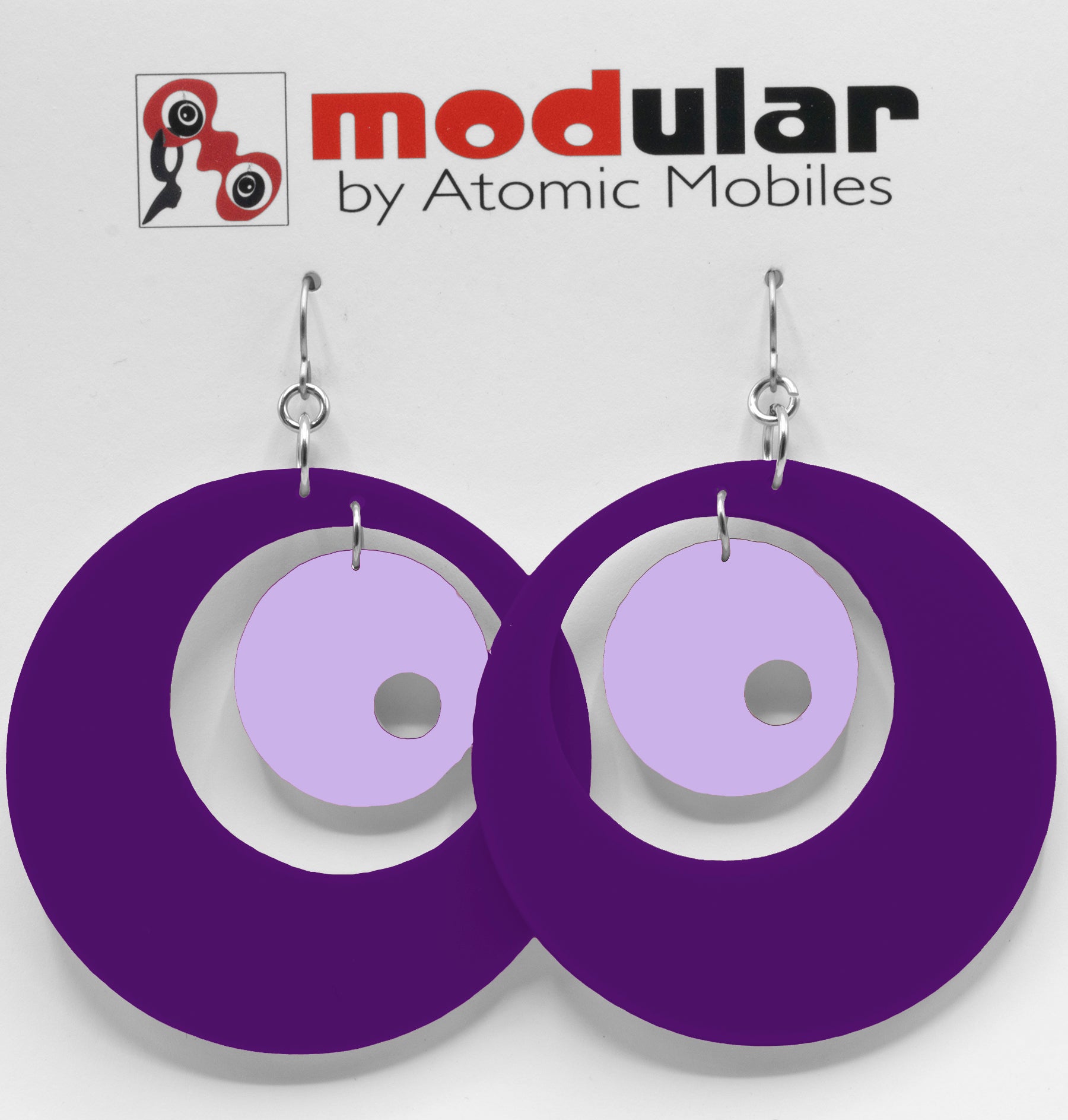 MODular Earrings - Groovy Statement Earrings in Purple by AtomicMobiles.com - retro era inspired mod handmade jewelry