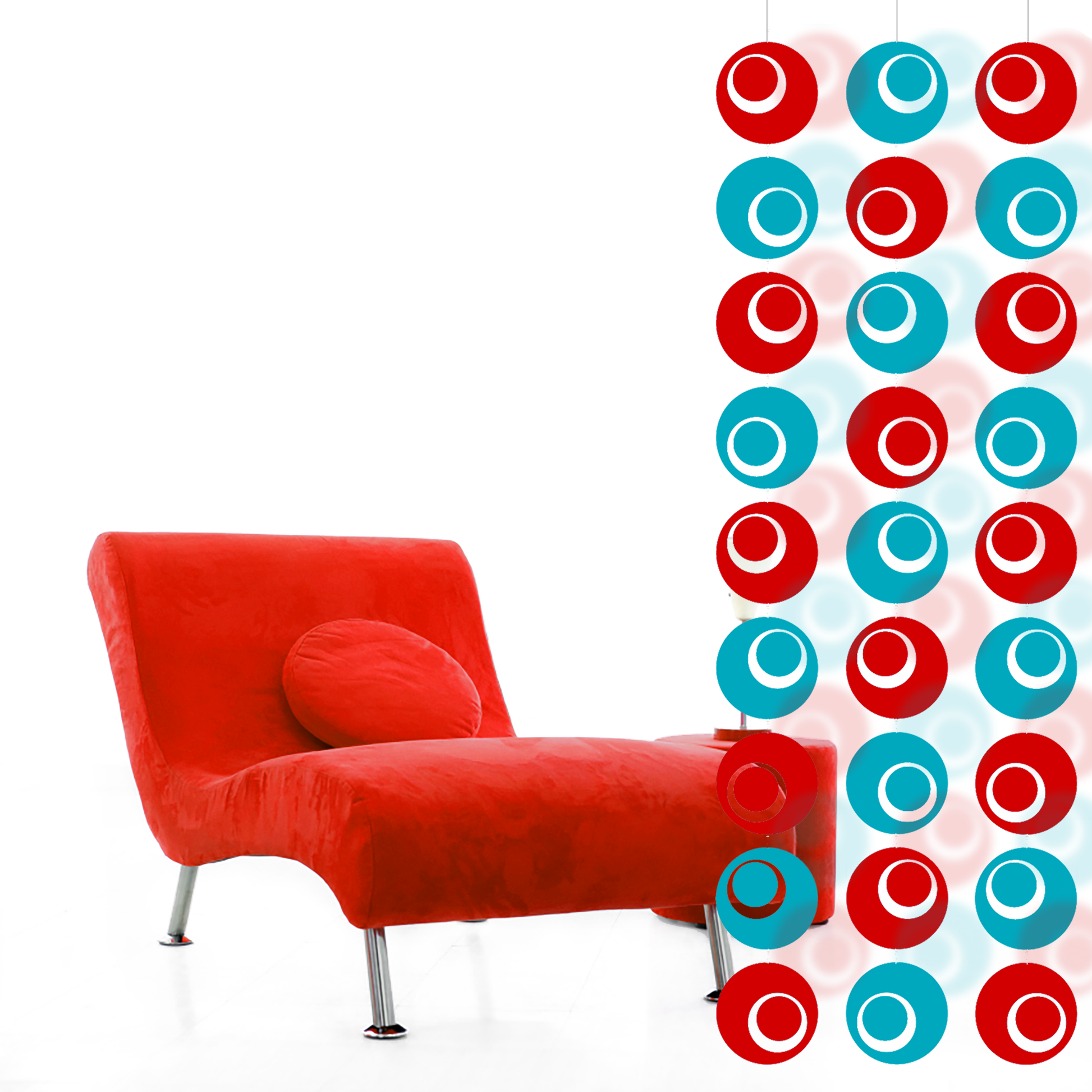 Mod red velvet chair with GROOVY Room Divider in clear red and teal acrylic plexiglass on white background by AtomicMobiles.com