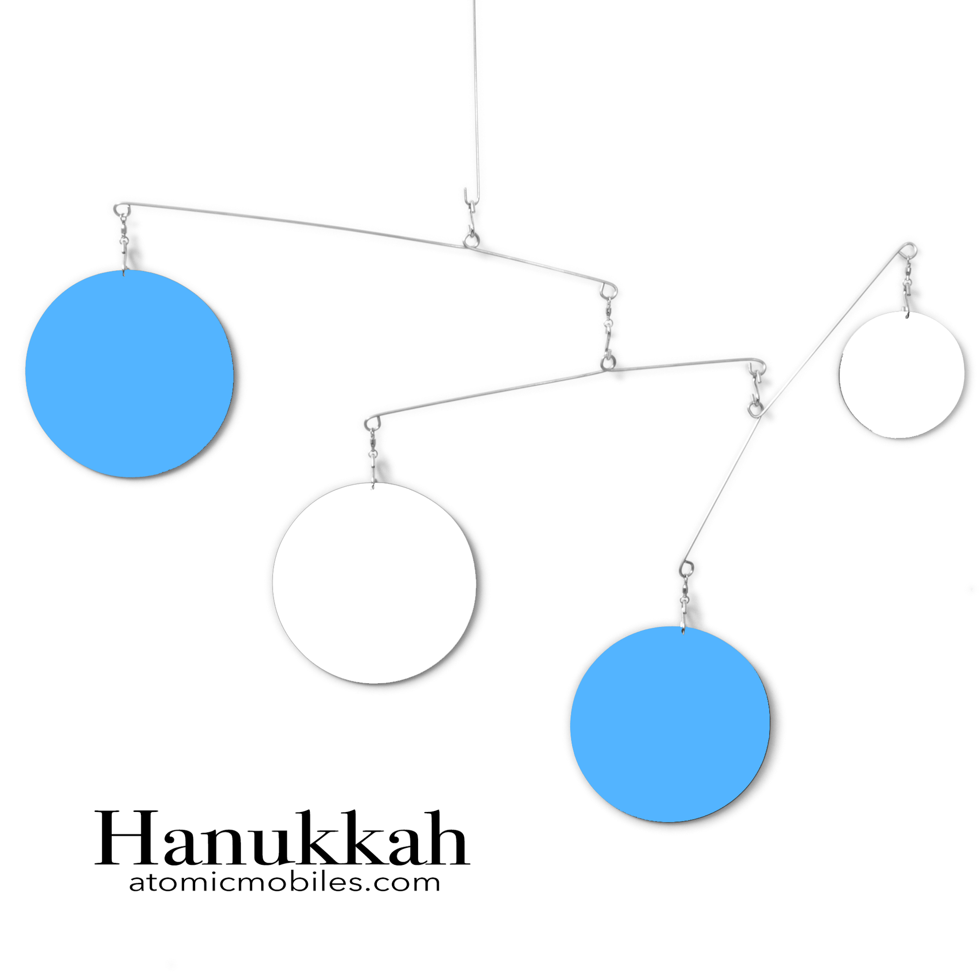 Unique Hanukkah Decoration - kinetic hanging art mobile in Hanukkah colors of Blue and White by AtomicMobiles.com