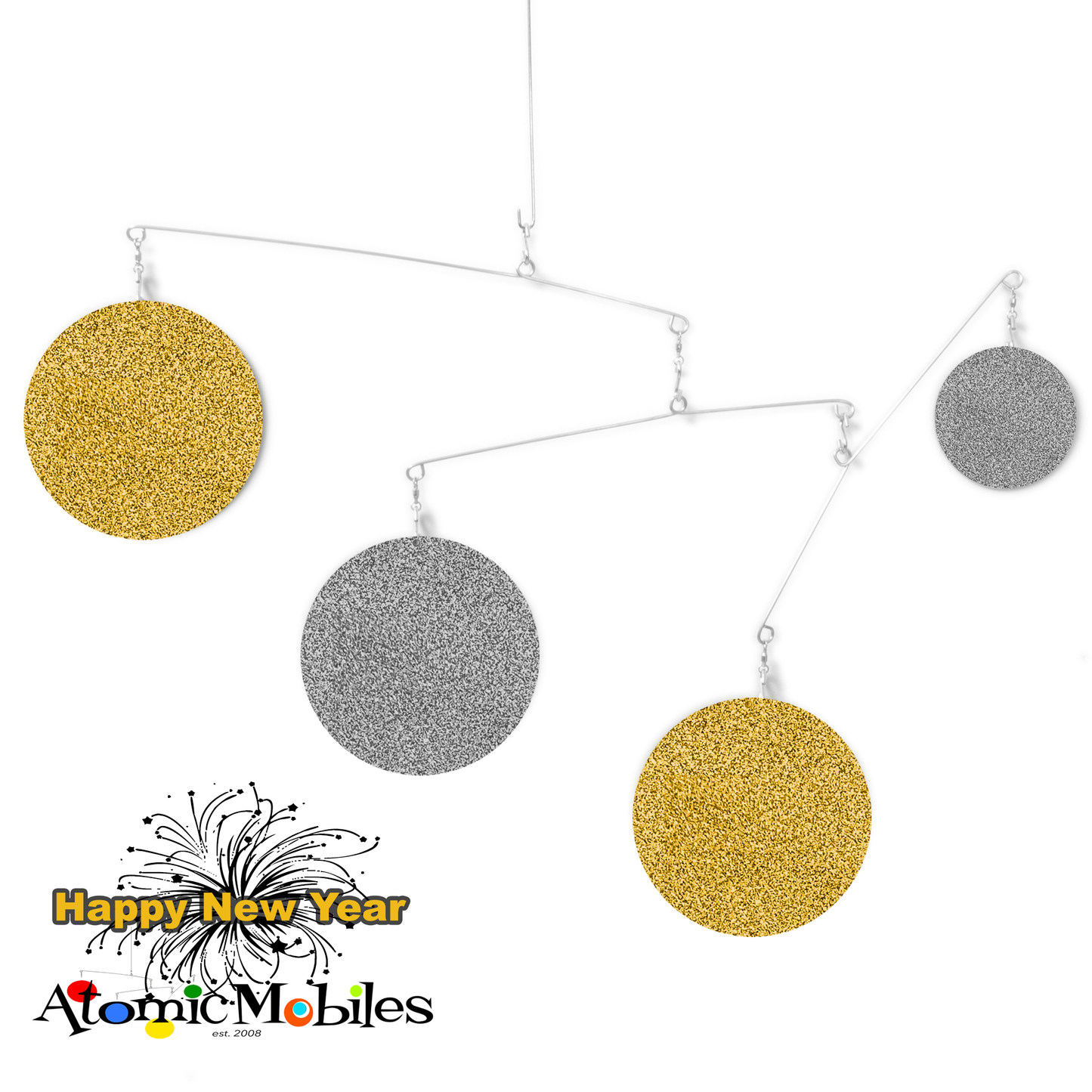 Unique New Years Eve Decoration - kinetic hanging art mobile in New Years Eve colors of Glitter Gold and Silver by AtomicMobiles.com
