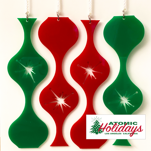 Lovely Starburst mid century modern style Christmas Ornaments in red and green by AtomicMobiles.com