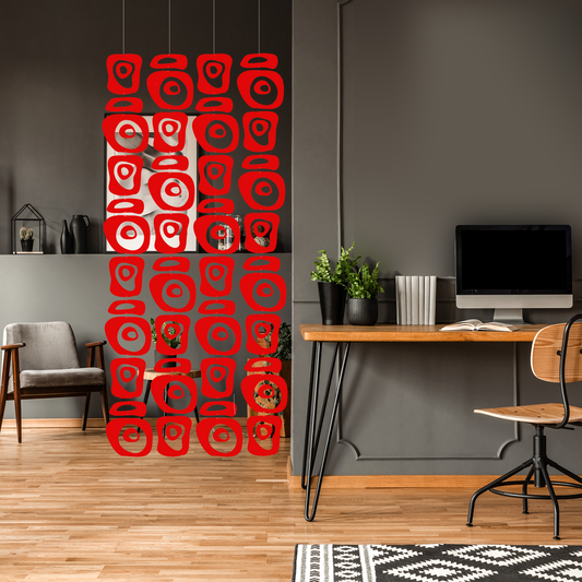 Red Room Divider by AtomicMobiles.com in home office room with desk, iMac, plants and living room chair