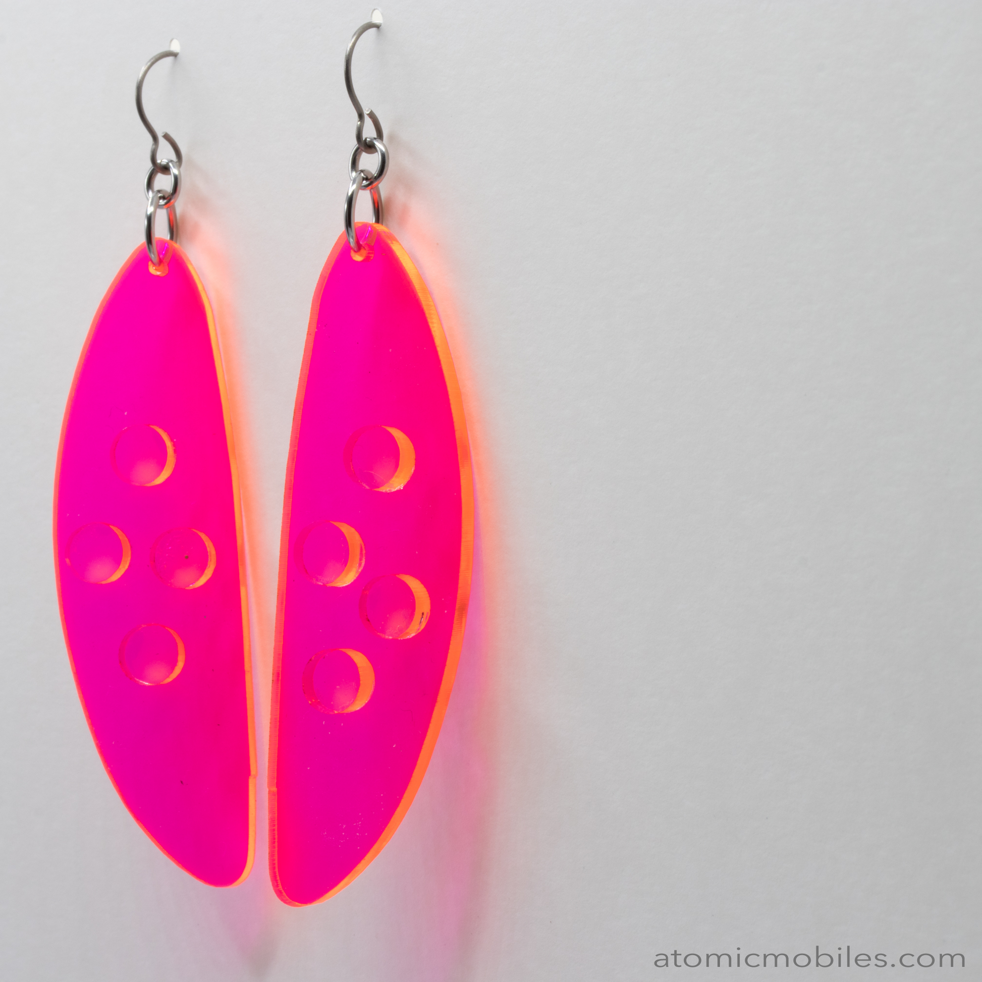 POPdots modern retro statement earrings in Yellow and Neon Fluorescent Hot Pink acrylic by AtomicMobiles.com