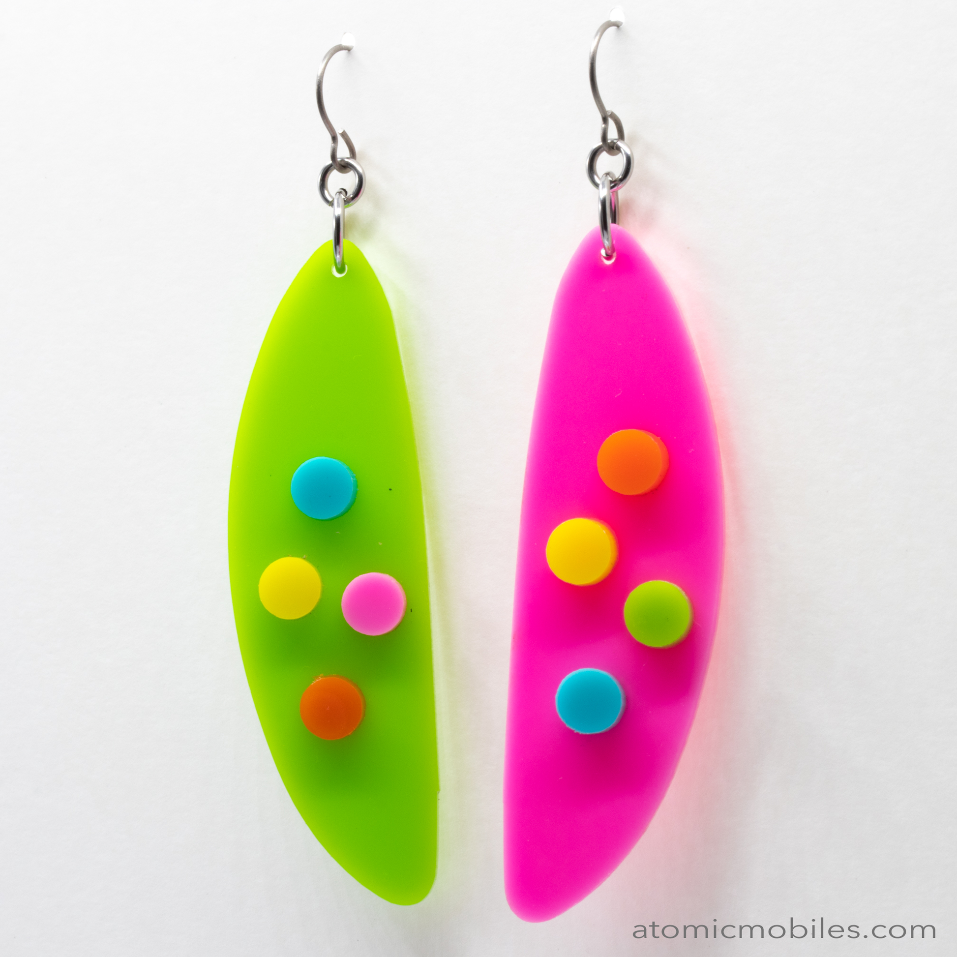 POPdots modern retro statement earrings in Hot Pink and Lime Green with Multi Color Dots acrylic by AtomicMobiles.com