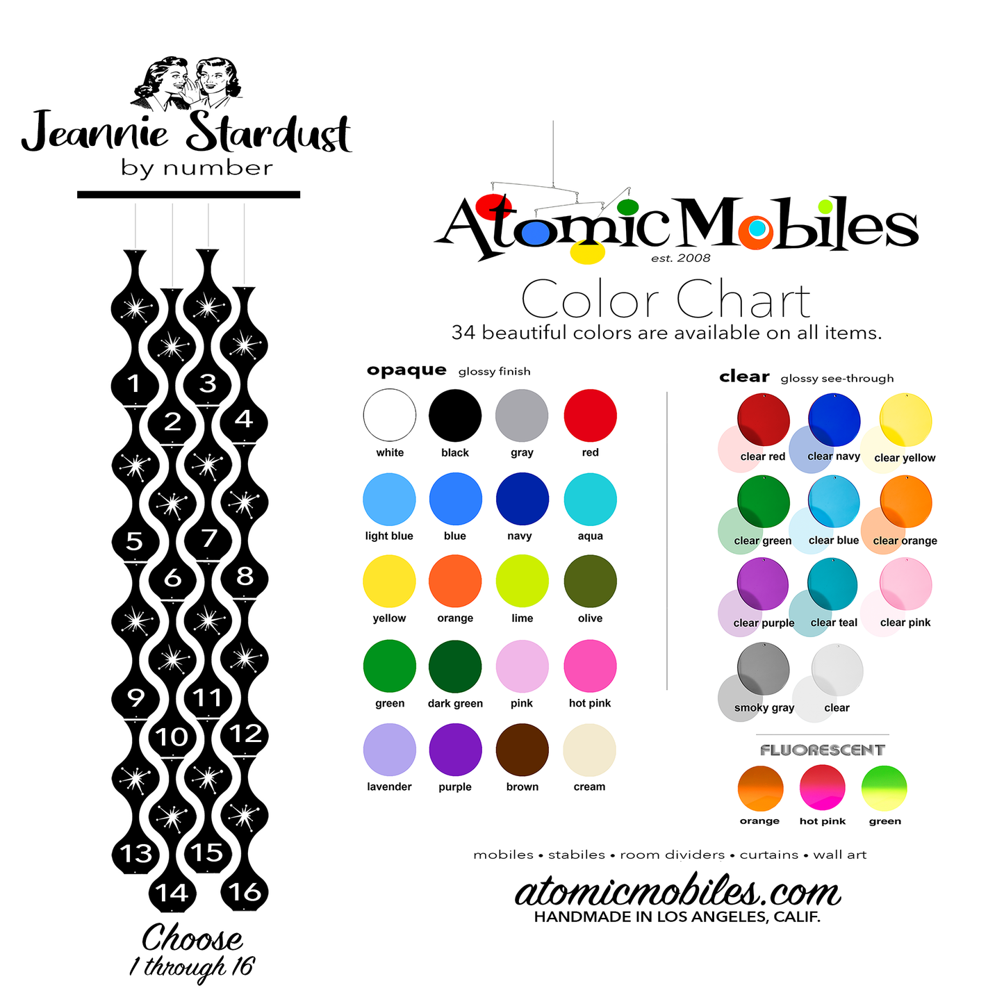 Jeannie Stardust Mid Century Modern retro room divider panels DIY Kit Color Chart for custom colors - by AtomicMobiles.com