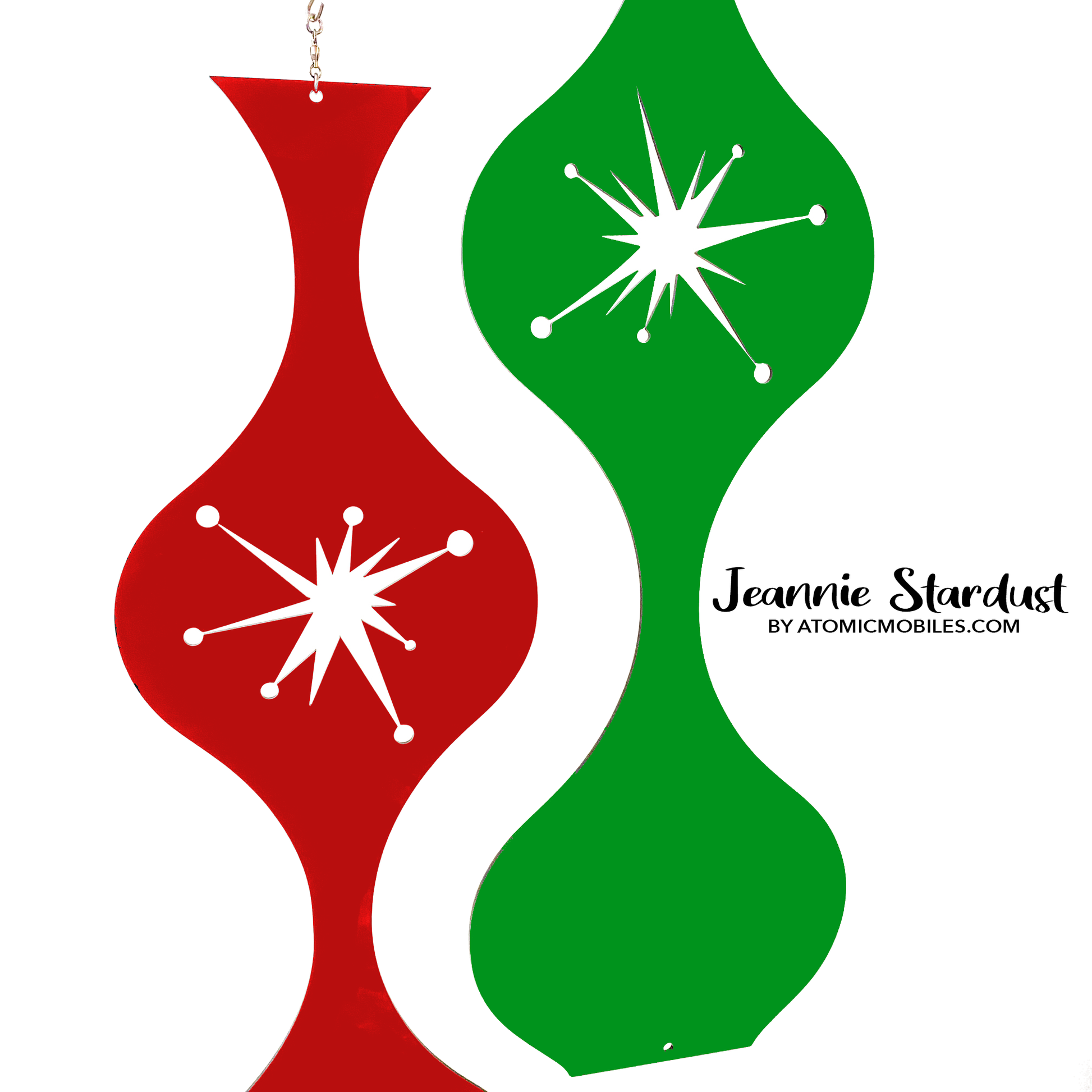 Closeup of Jeannie Stardust in red and green - Mid Century Modern Christmas Mobiles by AtomicMobiles.com