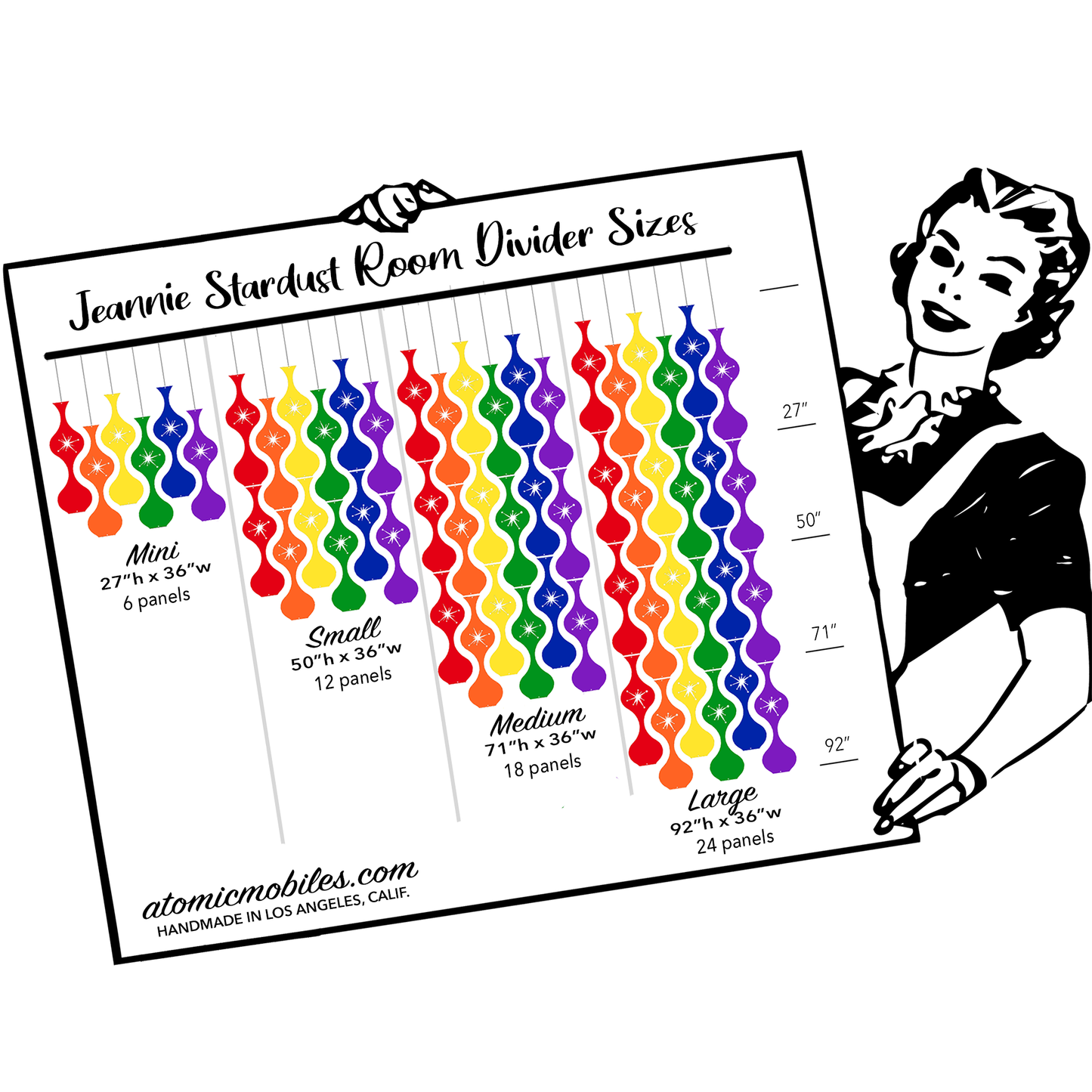 Size Chart for Jeannie Stardust Room Dividers in LGBTQ+ Rainbow Pride Colors by AtomicMobiles.com