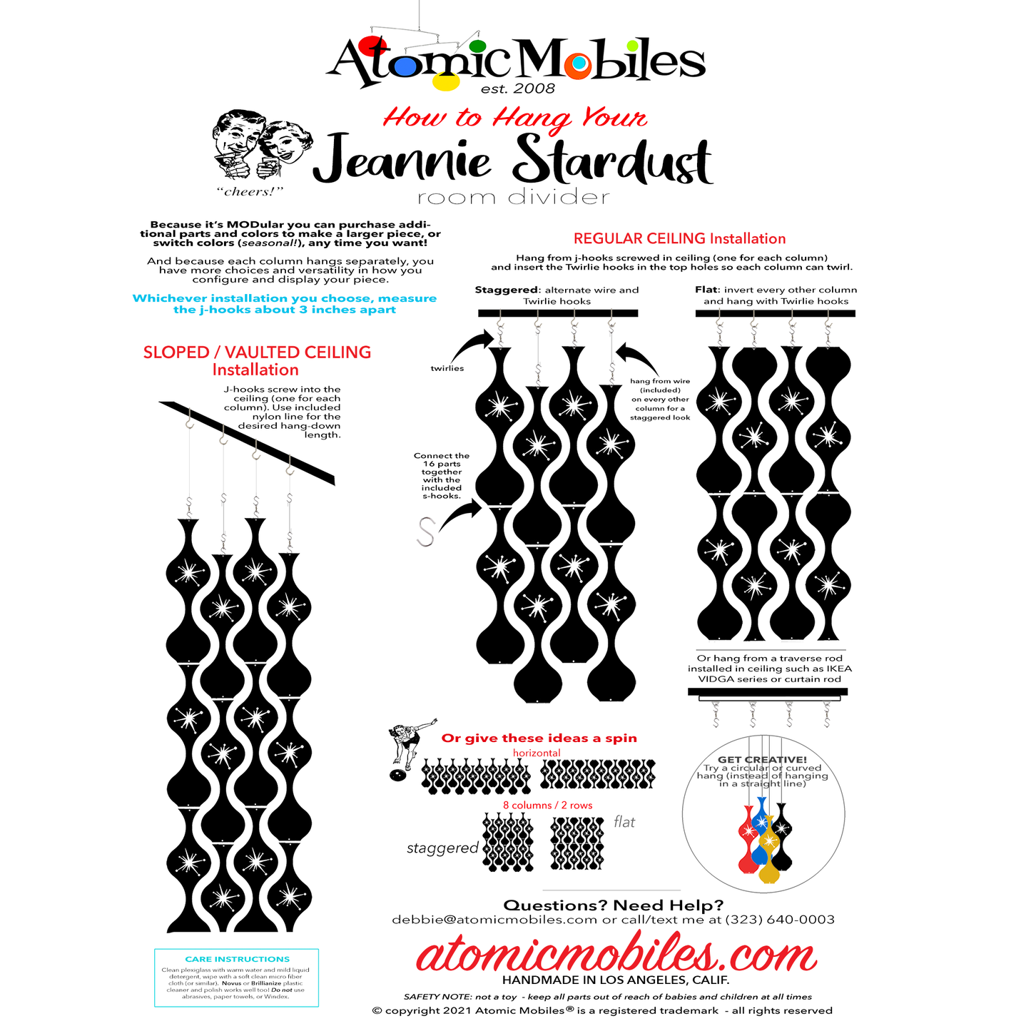Hanging instructions for Jeannie Stardust Room Dividers in mid century modern style  by AtomicMobiles.com