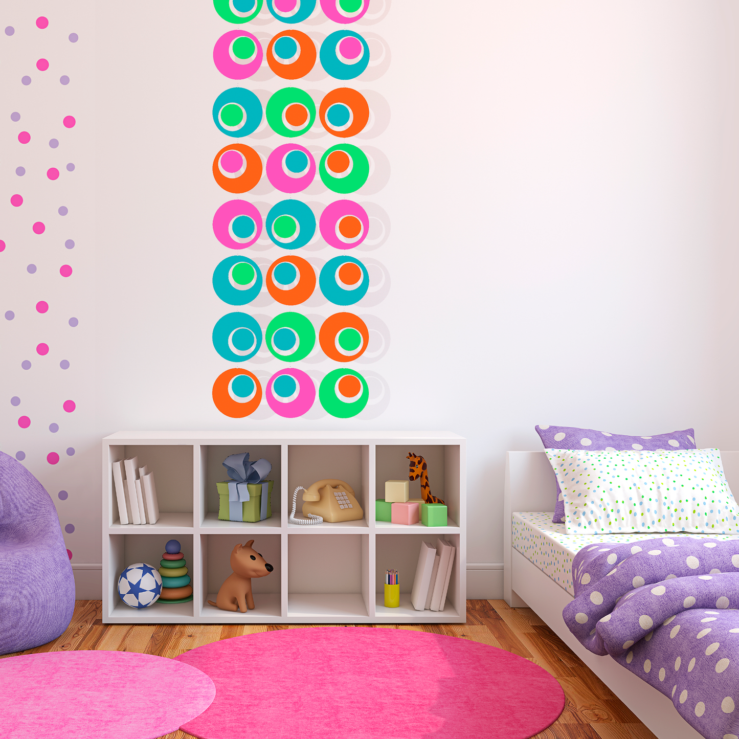 Delightful kid's room with Groovy colorful wall art in orange, hot pink, lime green, and aqua blue, with bed, hot pink rugs and polka dot theme - kinetic wall art by AtomicMobiles.com