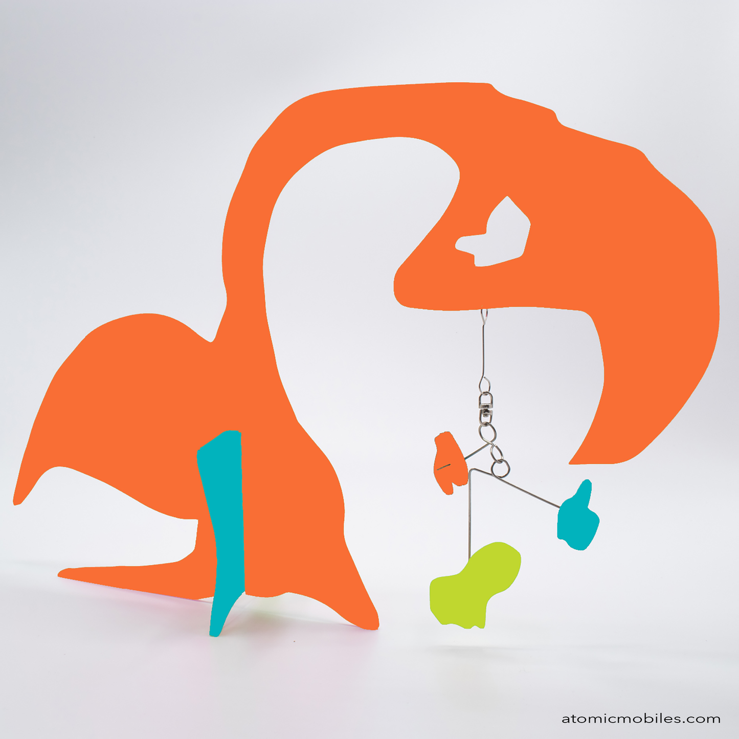 KinetiCats Collection Flamingo in Orange, Aqua, Lime Green - one of 12 Modern Cute Abstract Animal Art Sculpture Kinetic Stabiles inspired by Dada and mid century modern style art by AtomicMobiles.com