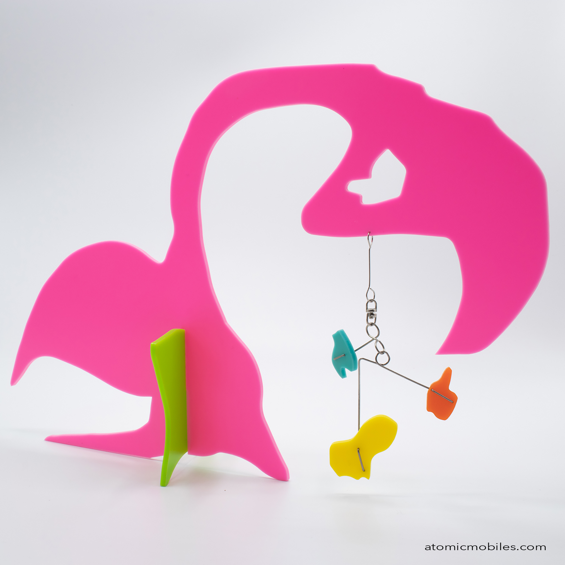 KinetiCats Collection Flamingo in Hot Pink, Lime Green, Orange, Yellow, Aqua - one of 12 Modern Cute Abstract Animal Art Sculpture Kinetic Stabiles inspired by Dada and mid century modern style art by AtomicMobiles.com