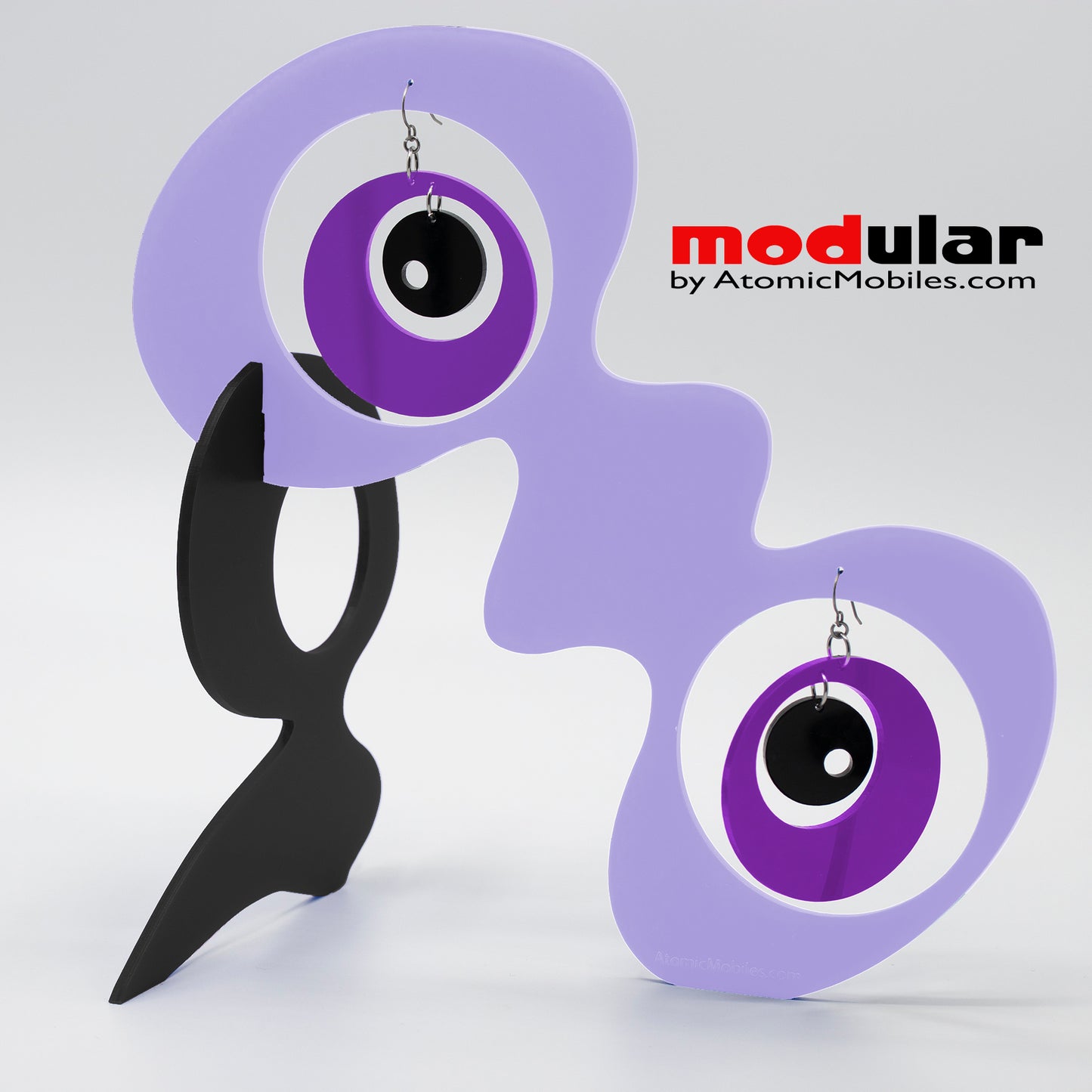 Handmade Groovy style earrings and stabile kinetic modern art sculpture in Lavender Black and Purple by AtomicMobiles.com