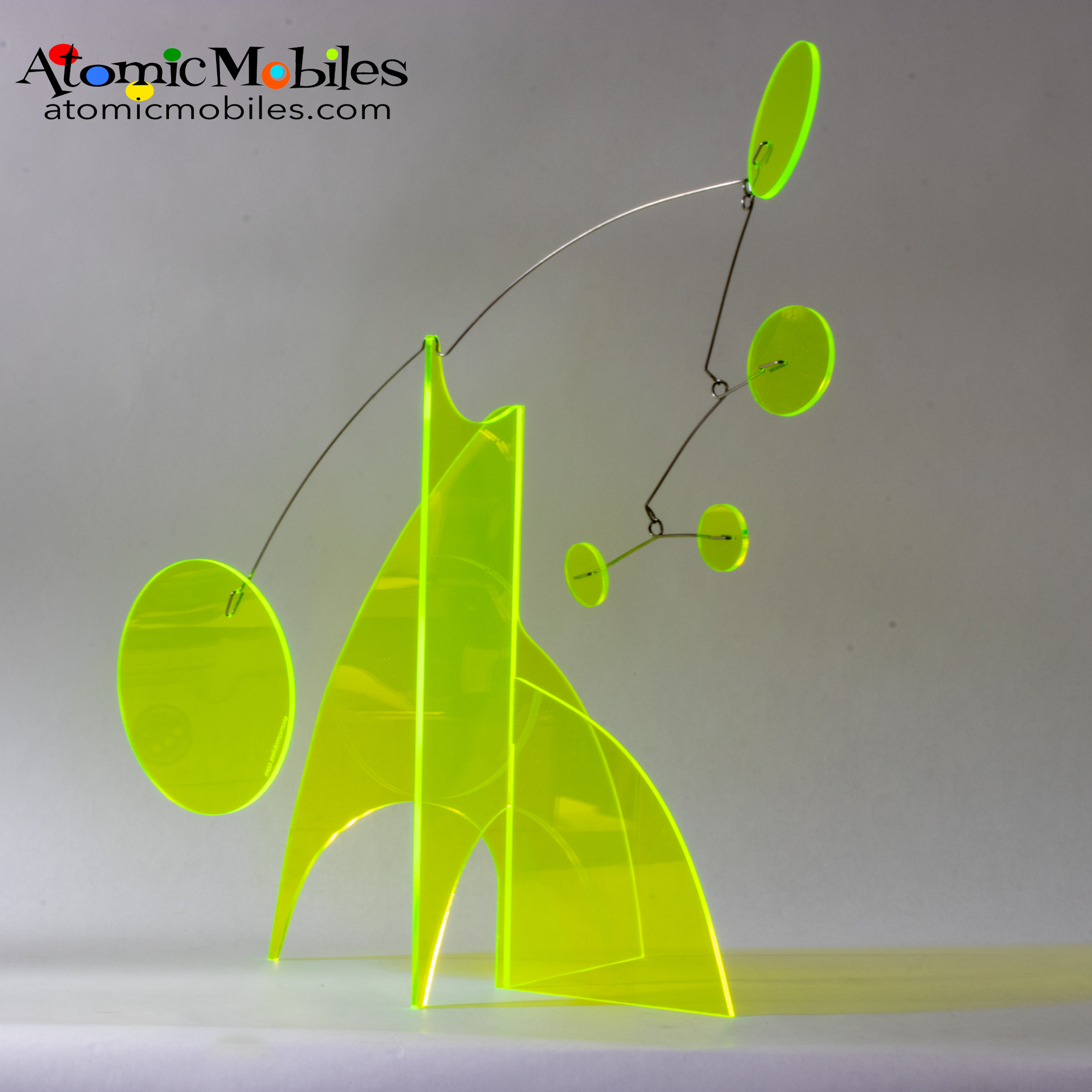 Bright neon fluorescent acrylic plexiglass Moderne Art Stabile in Lime Green- tabletop mobiles hand made in Los Angeles, California by AtomicMobiles.com