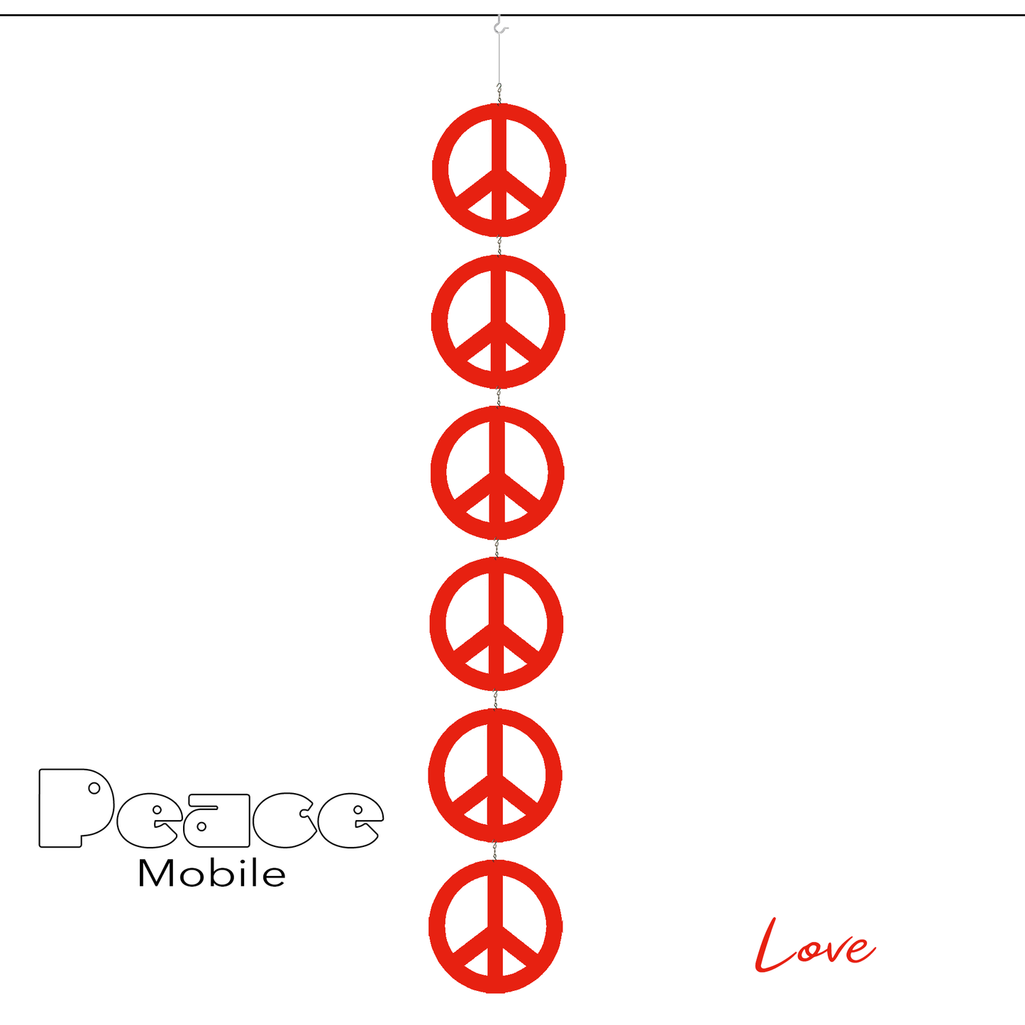 Love Peace Mobile - 6 Peace signs in red - kinetic hanging art mobile symbolizes World Peace - by AtomicMobiles.com