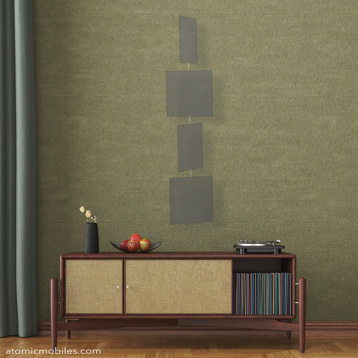 Mid century modern Smoky Gray MODcast mobile in room with sideboard with record player and record albums with dark green wall, drapes, and wood floor by AtomicMobiles.com