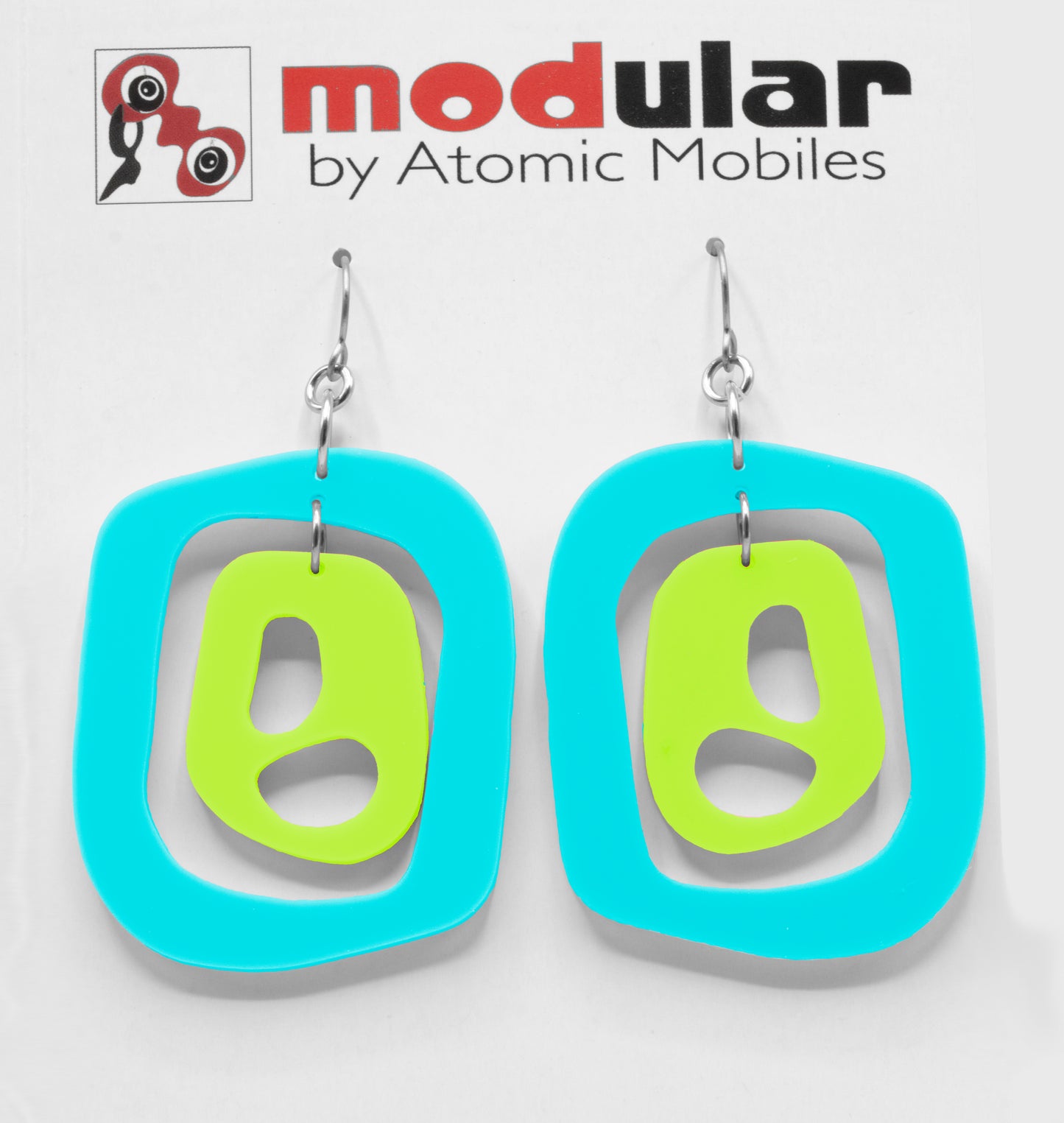 MODular Earrings - Mid 20th Statement Earrings in Aqua and Lime by AtomicMobiles.com - retro era mod handmade jewelry