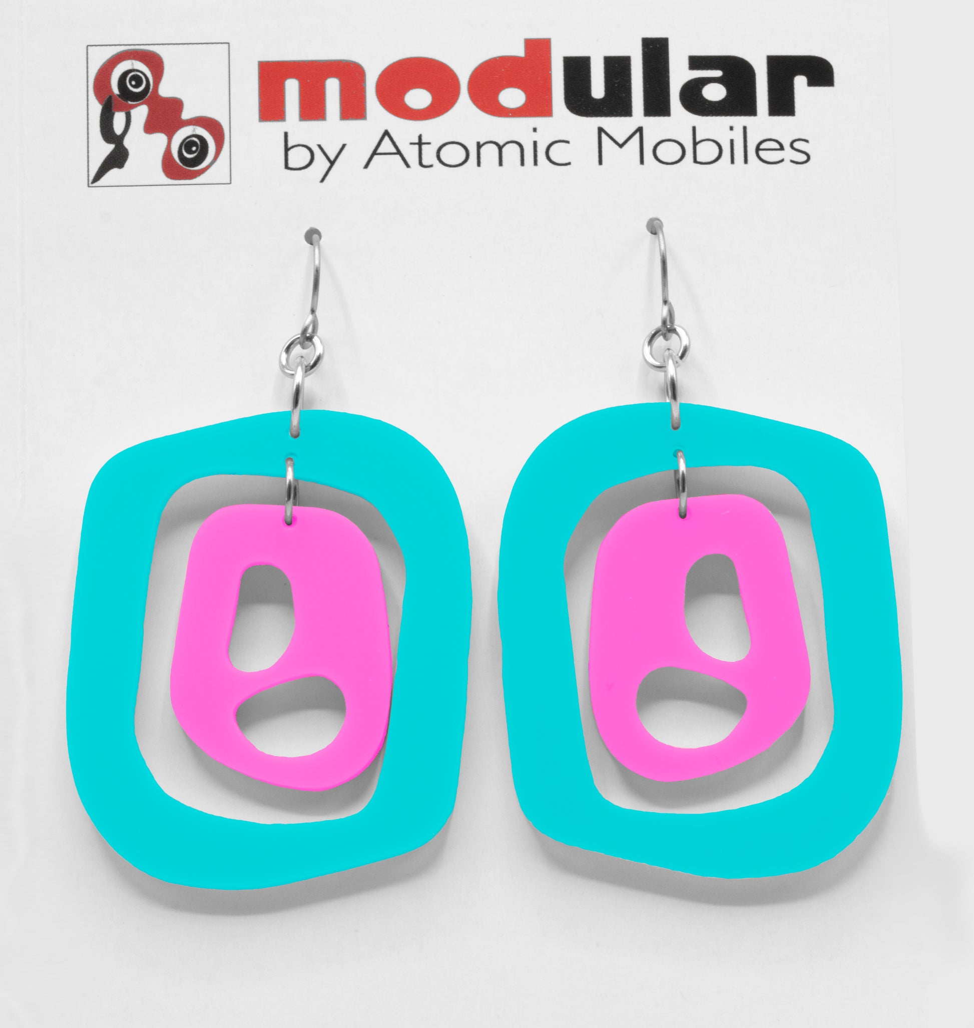 MODular Earrings - Mid 20th Statement Earrings in Aqua and Hot Pink by AtomicMobiles.com - retro era mod handmade jewelry