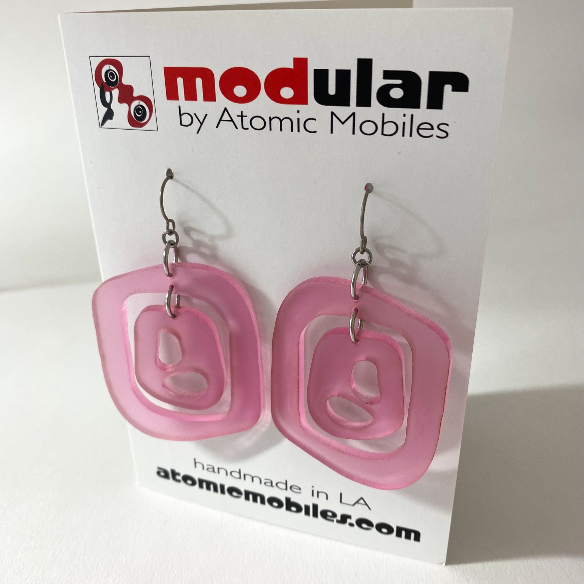 Frosted Pink Mid 20th retro mid century modern statement fashion earrings by AtomicMobiles.com