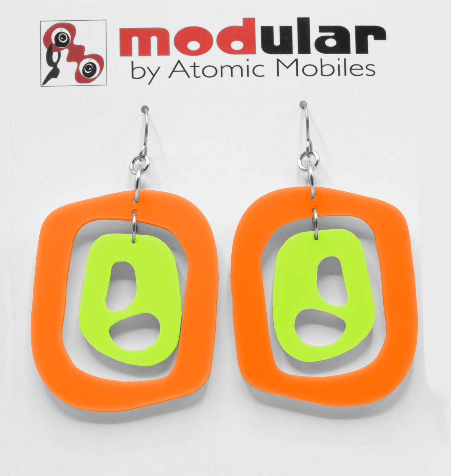 MODular Earrings - Mid 20th Statement Earrings in Orange and Lime by AtomicMobiles.com - retro era mod handmade jewelry