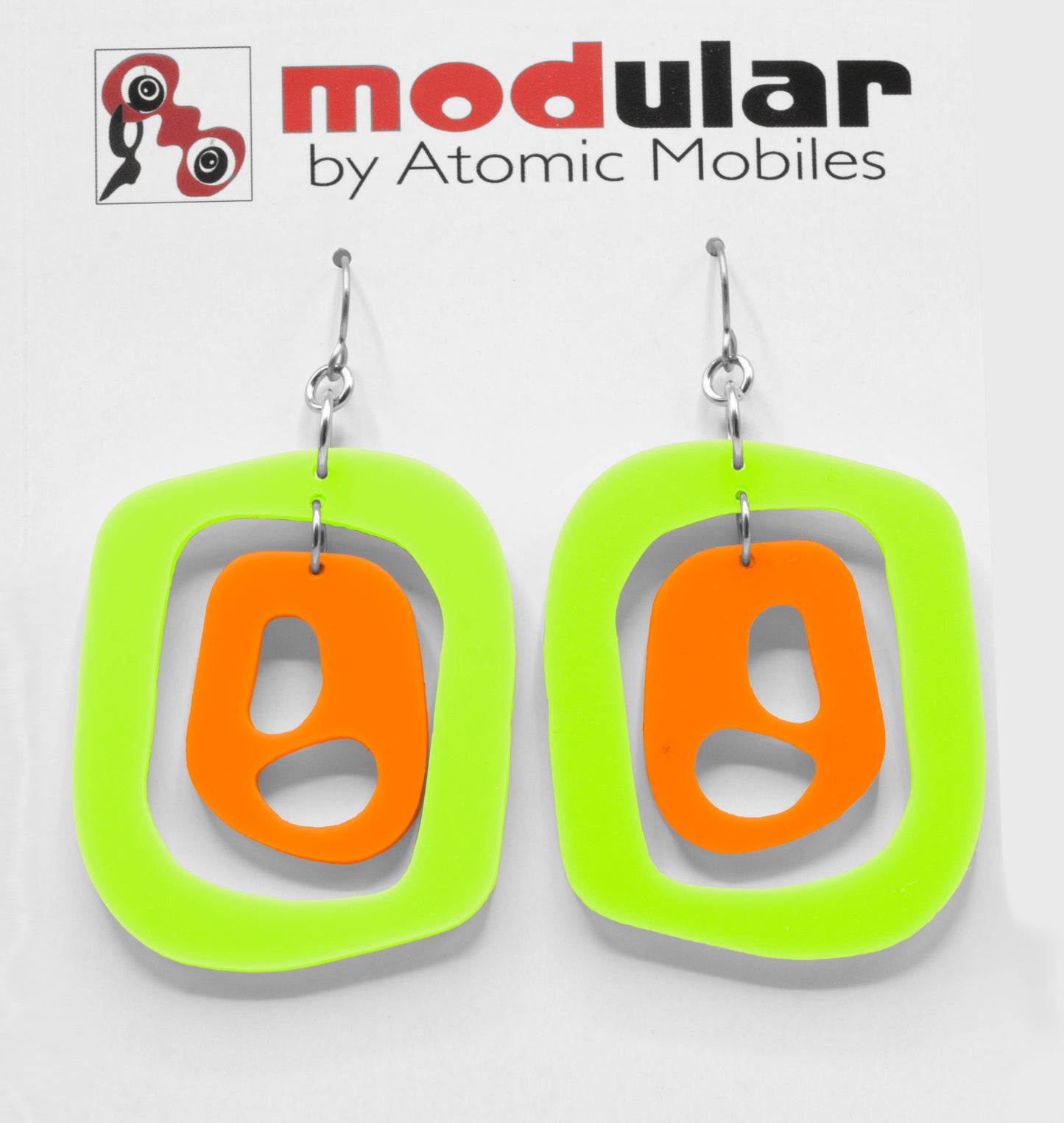 MODular Earrings - Mid 20th Statement Earrings in Lime and Orange by AtomicMobiles.com - retro era mod handmade jewelry