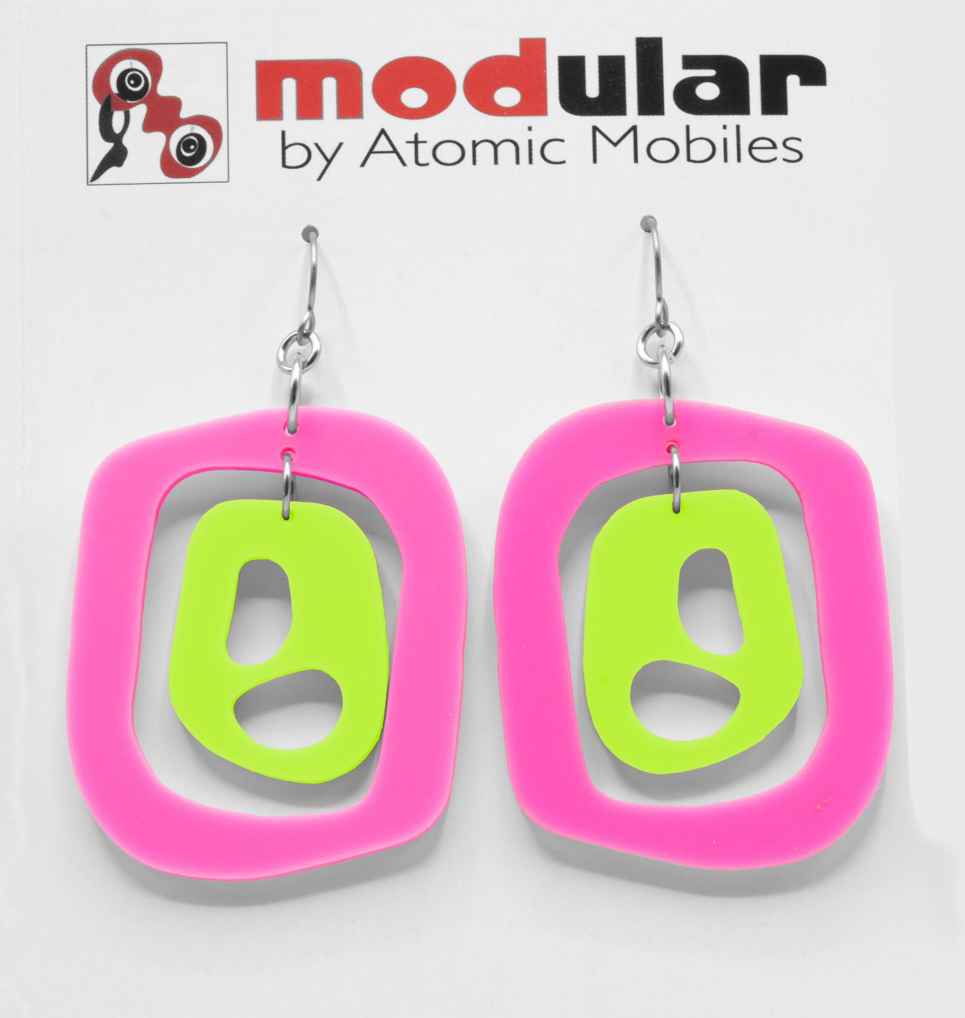 MODular Earrings - Mid 20th Statement Earrings in Hot Pink and Lime by AtomicMobiles.com - retro era mod handmade jewelry