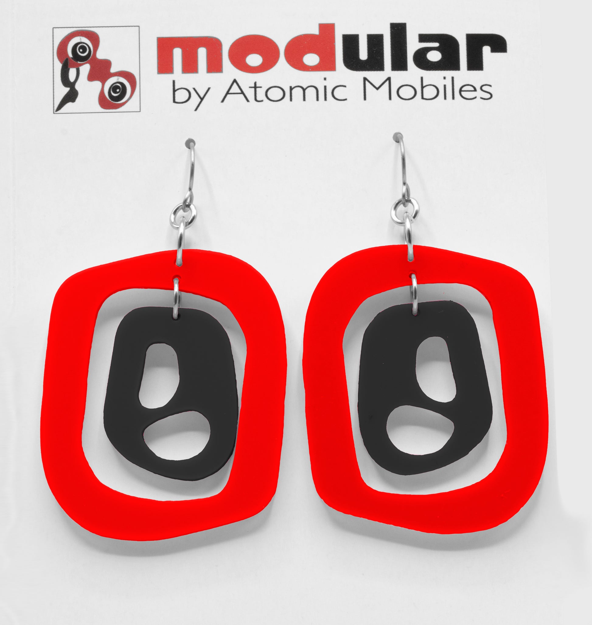 MODular Earrings - Mid 20th Statement Earrings in Red and Black by AtomicMobiles.com - retro era mod handmade jewelry