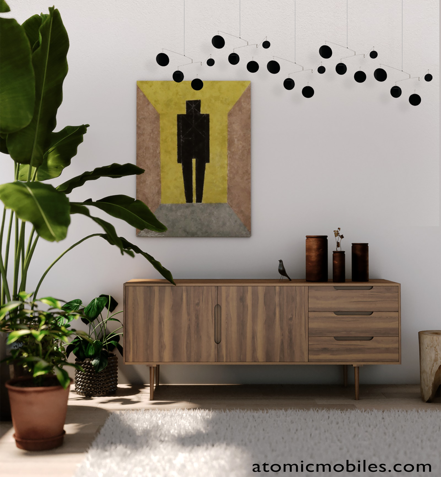 Cool modern Atomic Mobile in black with credenza and plants by AtomicMobiles.com