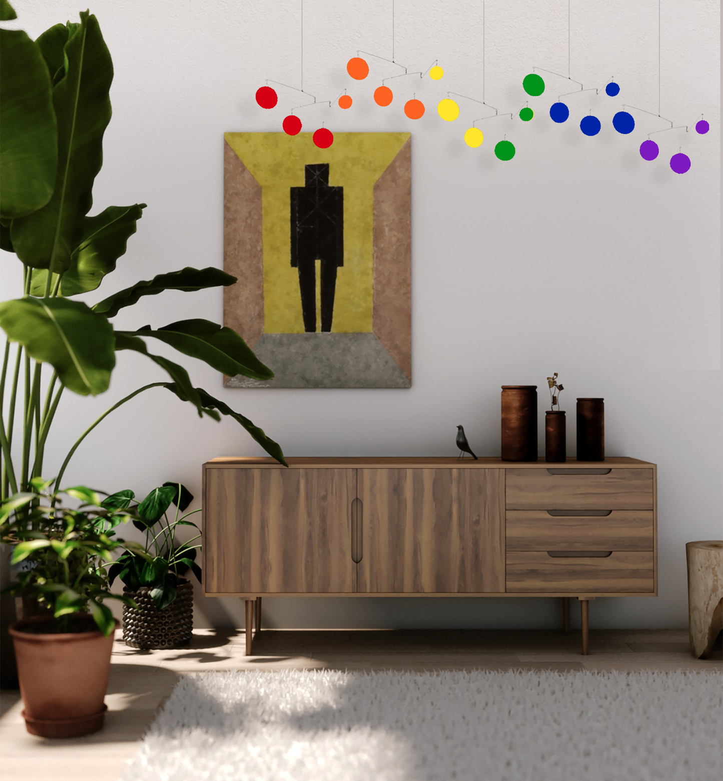 The Atomic Mobile in mid century modern room with credenza, shag rug, plants, and modern art print - Exclusive Rainbow Pride LGBTQ+ Colors by AtomicMobiles.com - Love is Love