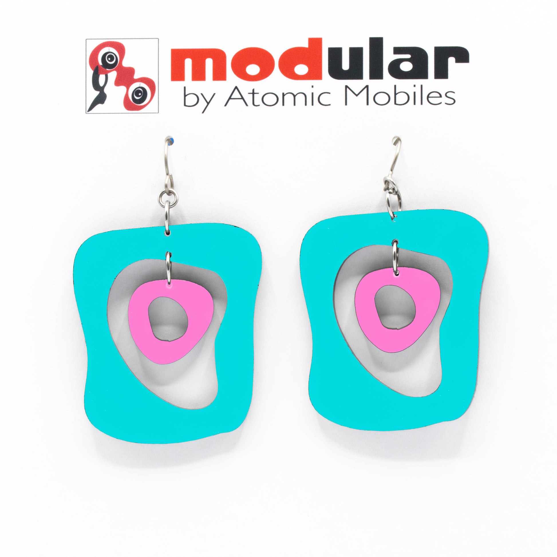 MODular Earrings - Mid Mod Statement Earrings in Aqua and Hot Pink by AtomicMobiles.com - mid century inspired modern art dangle earrings